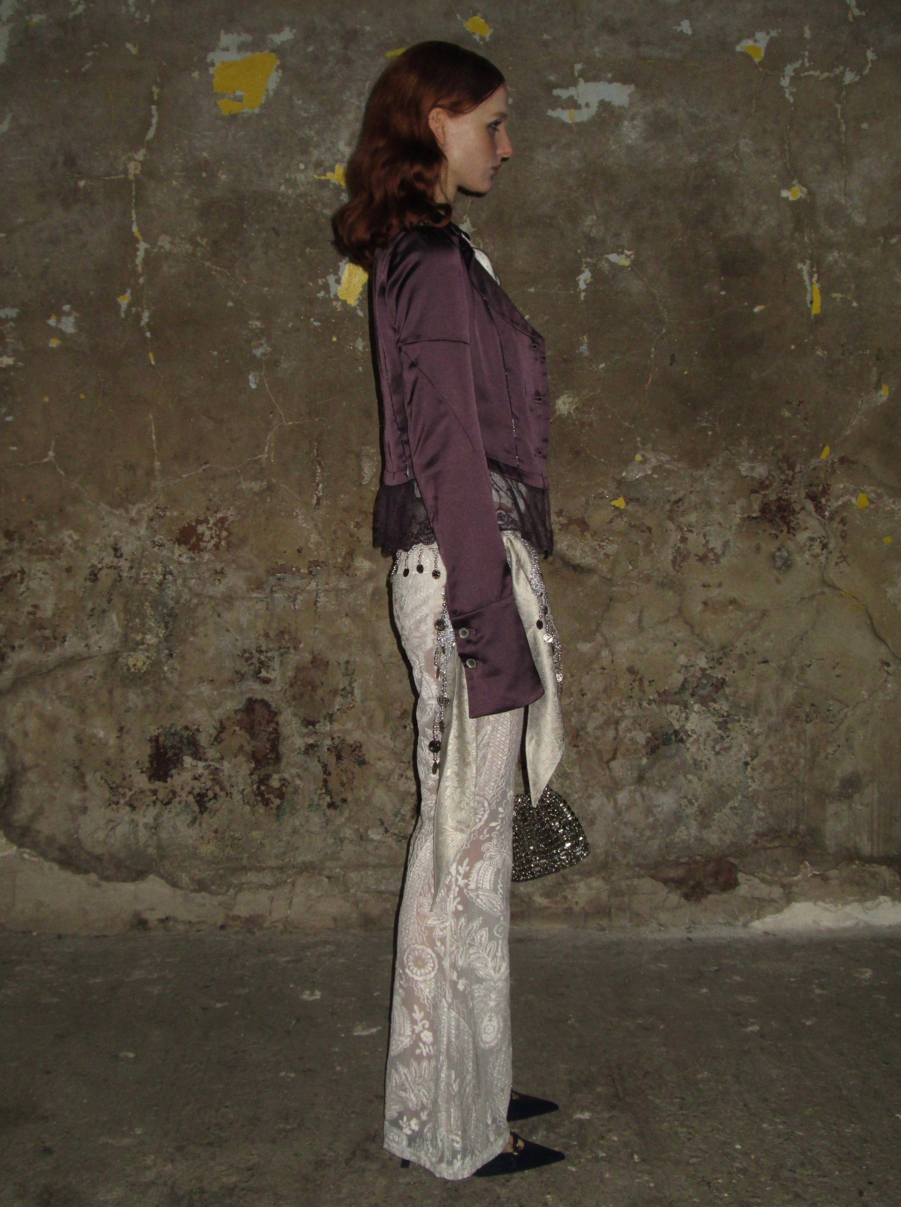 PROD 2024-2 Lace-trimmed Satin Sparkly Blazer /Purple