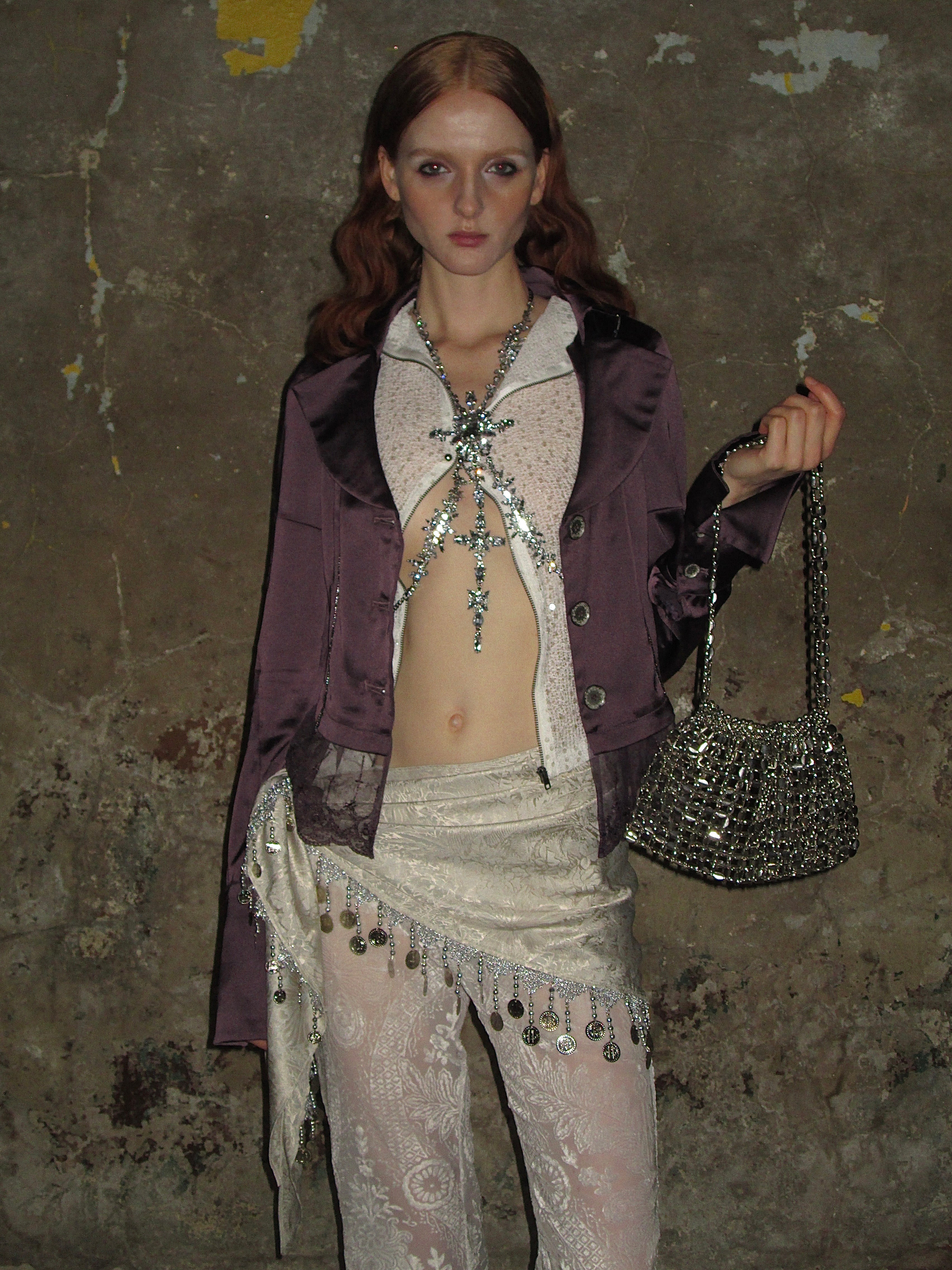 PROD 2024-2 Lace-trimmed Satin Sparkly Blazer /Purple