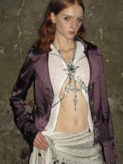 PROD 2024-2 Lace-trimmed Satin Sparkly Blazer /Purple