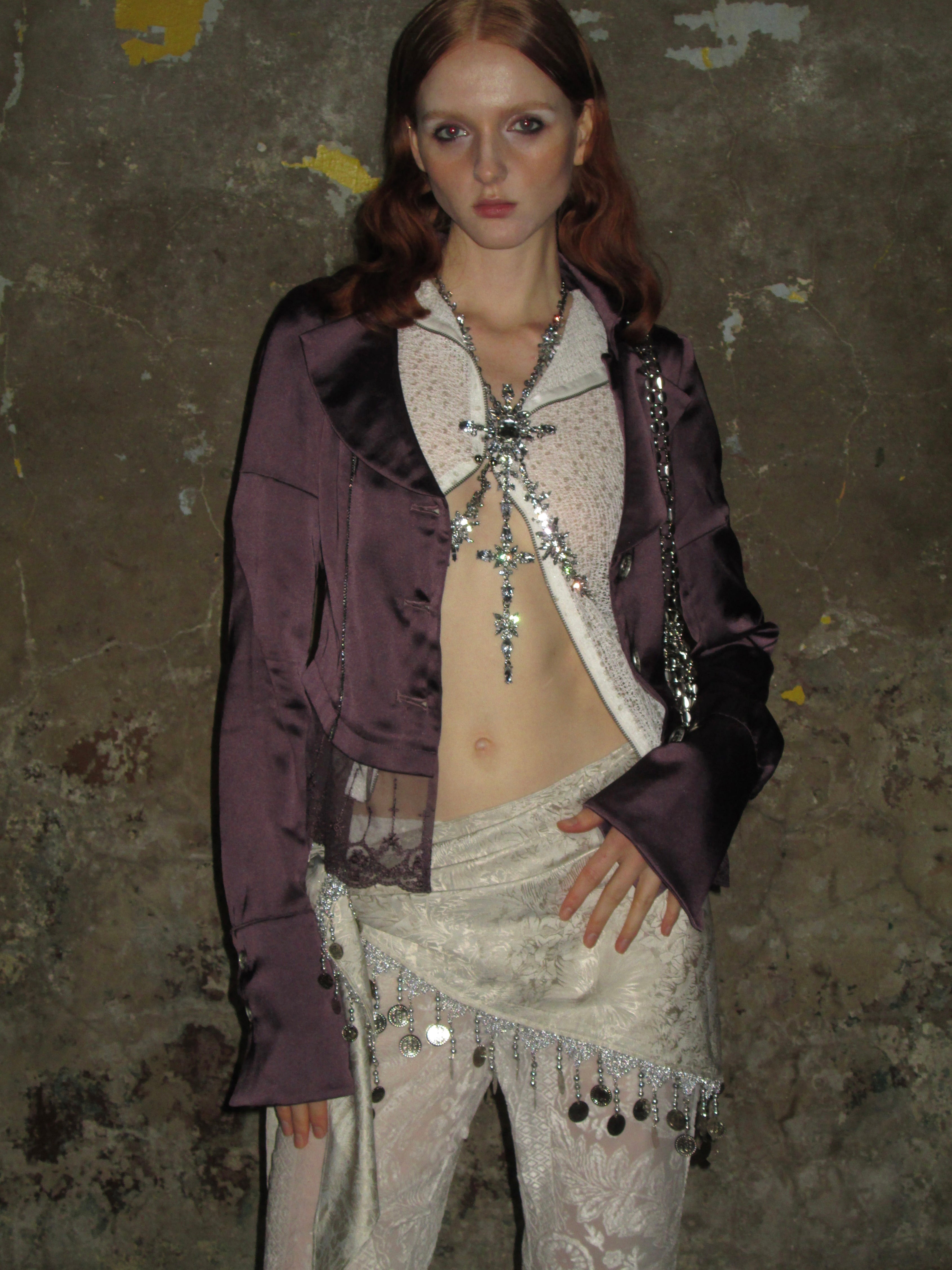 PROD 2024-2 Lace-trimmed Satin Sparkly Blazer /Purple