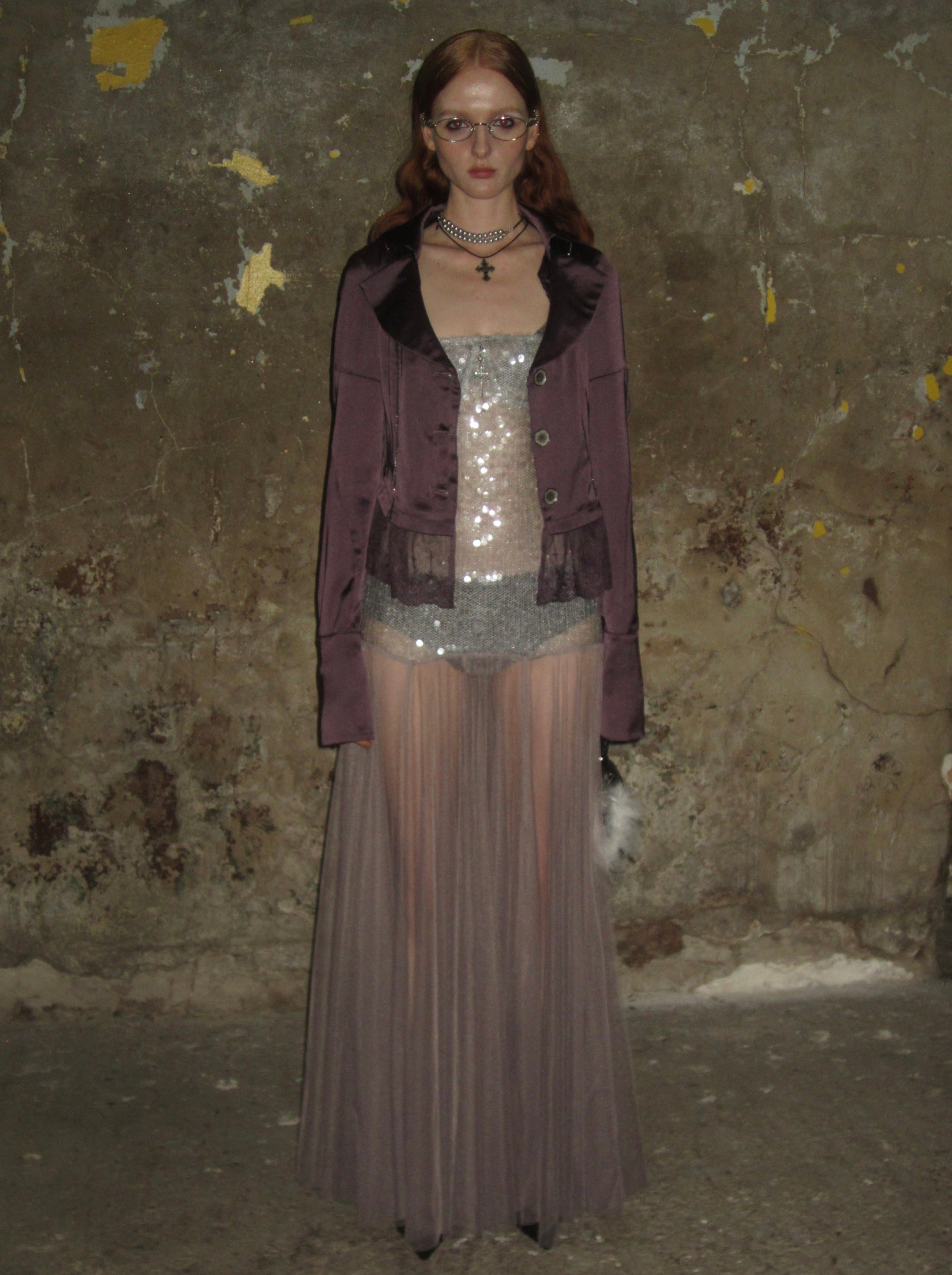 PROD 2024-2 Lace-trimmed Satin Sparkly Blazer /Purple