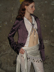 PROD 2024-2 Purple / XS / In-stock Lace-trimmed Satin Sparkly Blazer /Purple