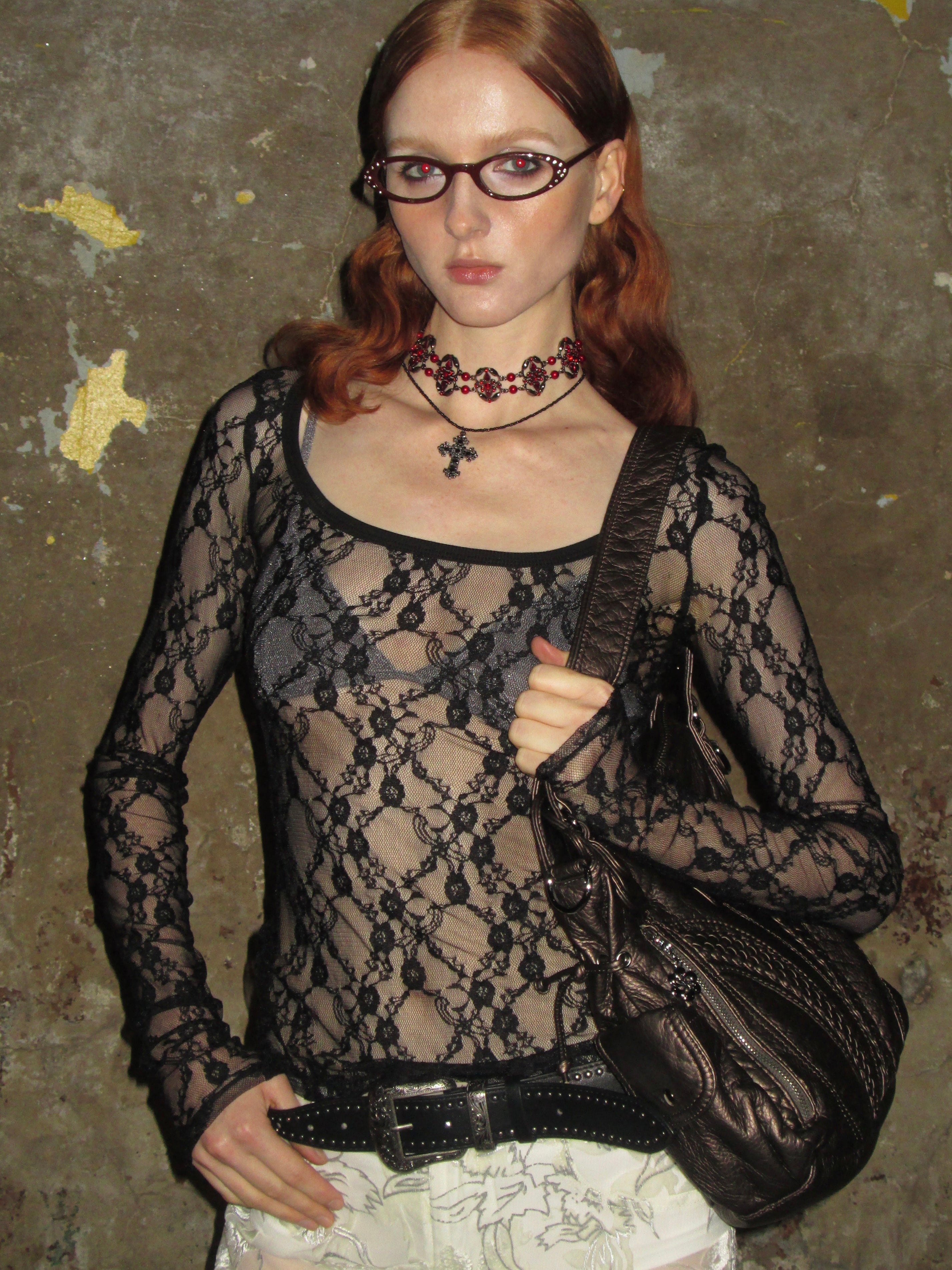 PROD 2024-2 Sheer Lace Long Sleeve /Black