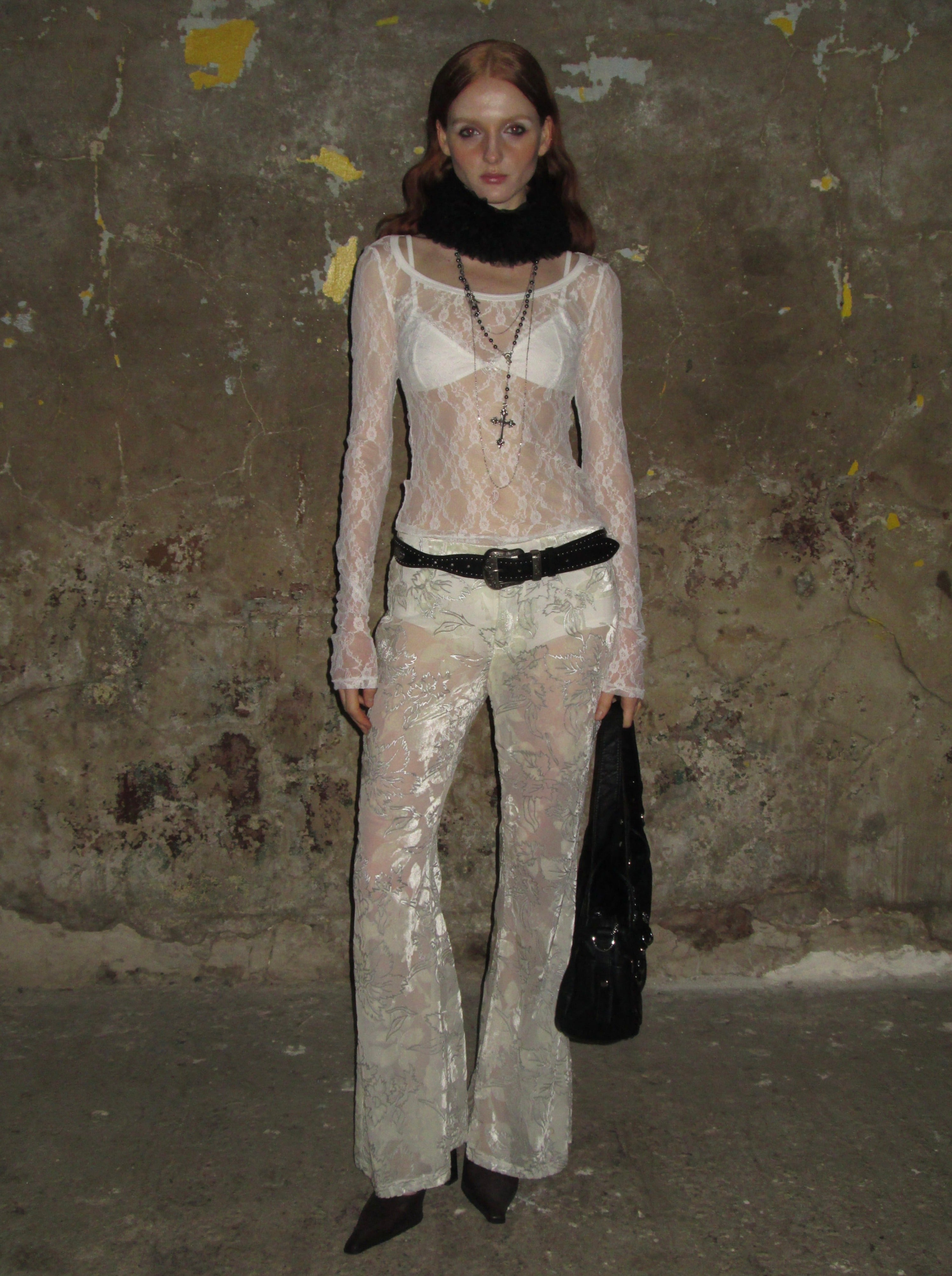 Velvet-flocked Semi-sheer Trousers /Beige – PROD