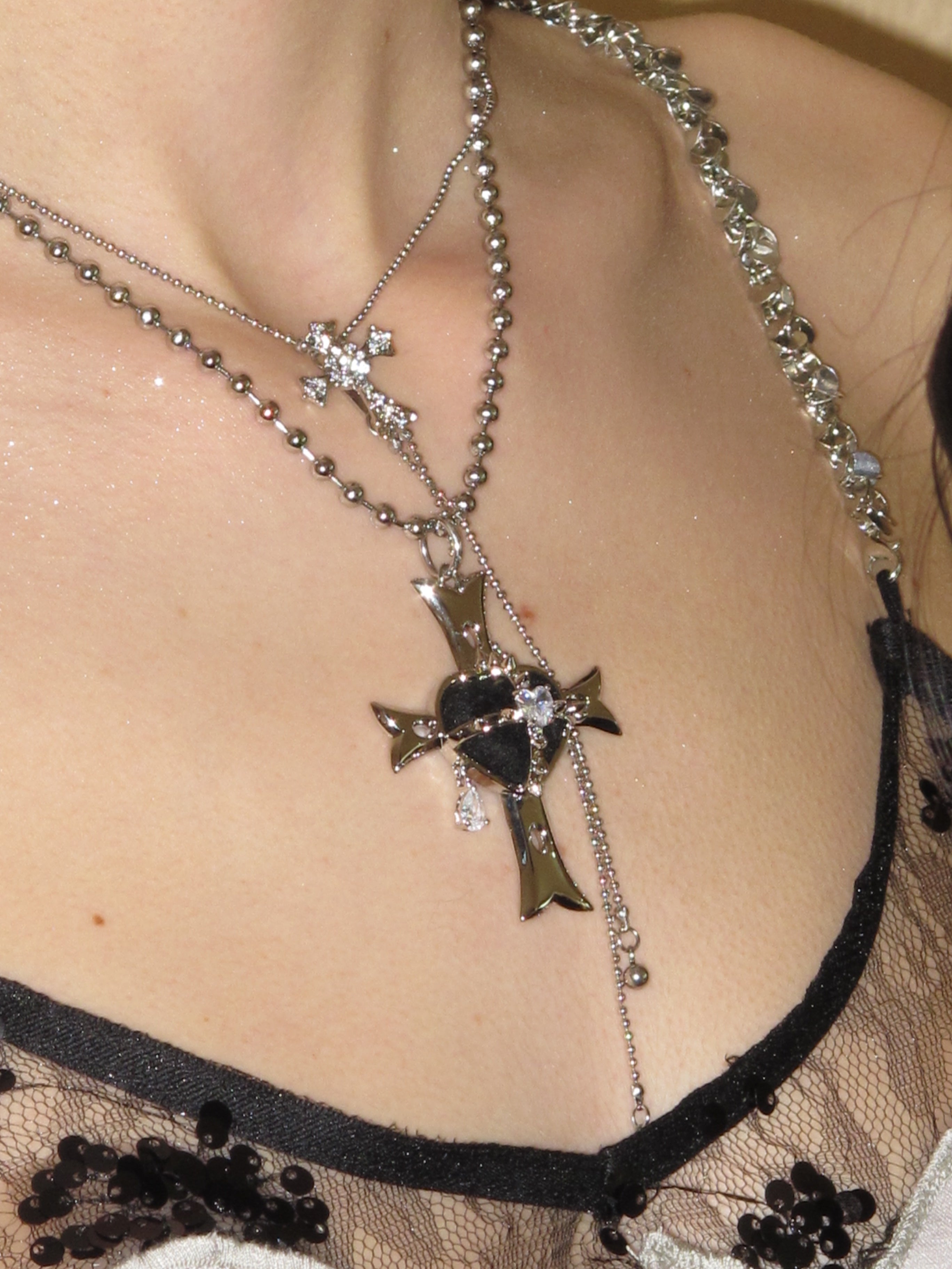 PROD 2024 Pre-spring 2PC(Choker+Necklace) / Black / In-stock Punk Black Faux  Leather Rivet Necklace