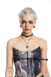 PROD 2024 Pre-spring 2PC(Choker+Necklace) / Black / In-stock Punk Black Faux  Leather Rivet Necklace