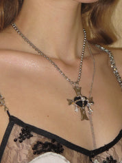 PROD 2024 Pre-spring 2PC(Choker+Necklace) / Black / In-stock Punk Black Faux  Leather Rivet Necklace