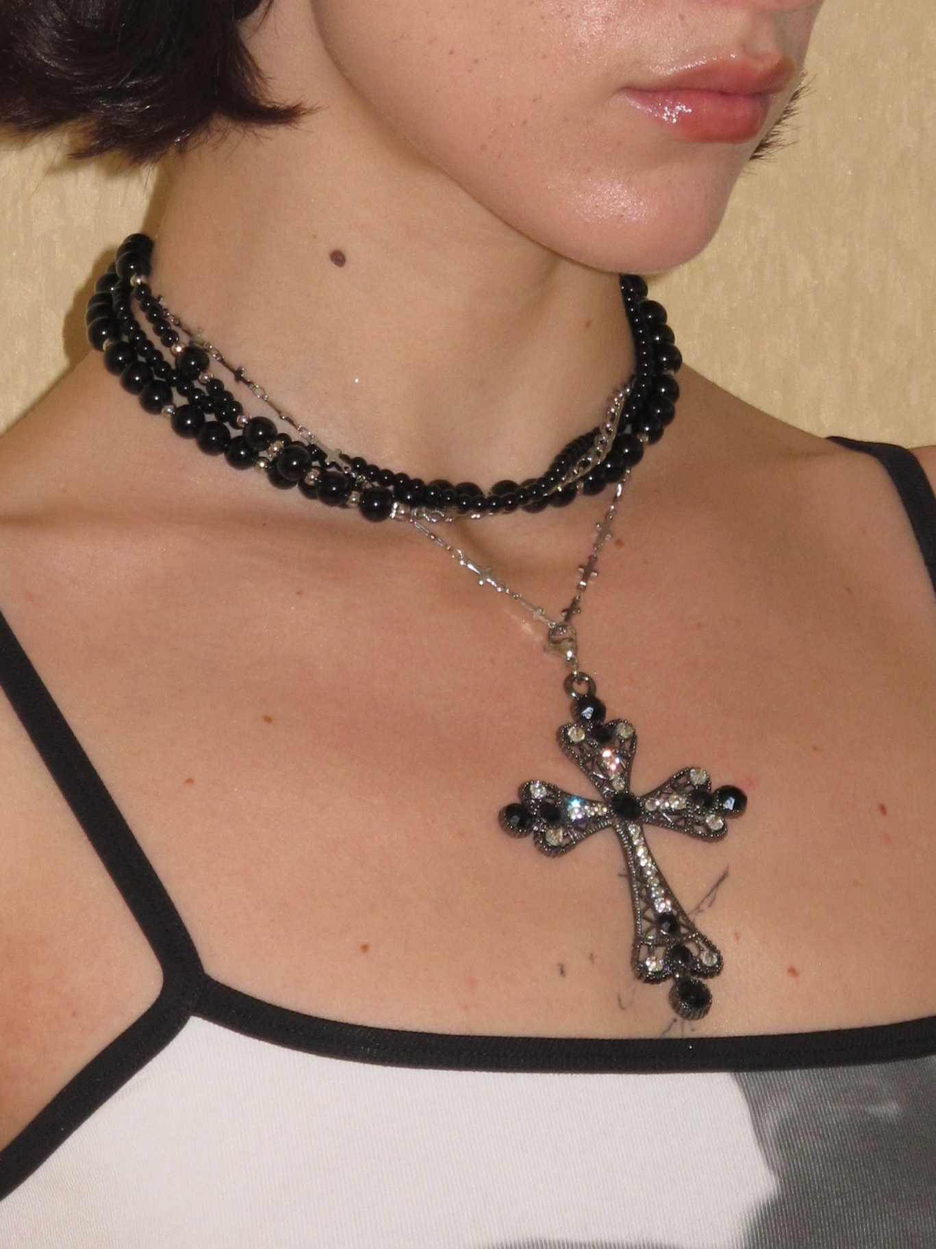 Multilayered Black Cross Pearl Long Necklace