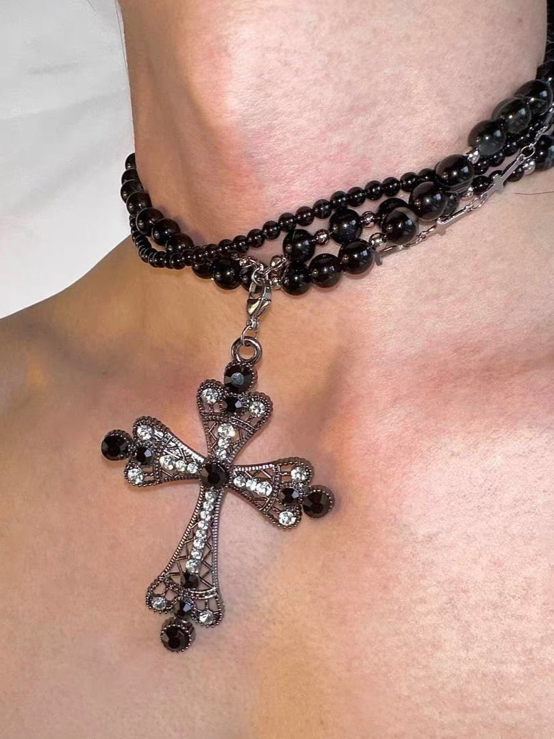  In-stock Multilayered Black Cross Pearl Long Necklace