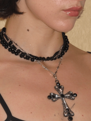 PROD 2024 Pre-spring Black / one size / In-stock Multilayered Black Cross Pearl Long Necklace