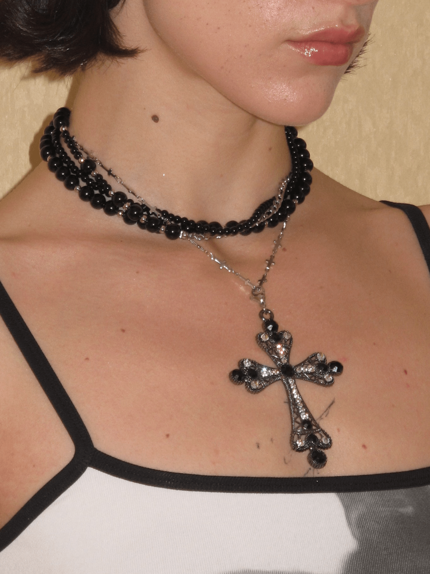 PROD 2024 Pre-spring Black / one size / In-stock Multilayered Black Cross Pearl Long Necklace