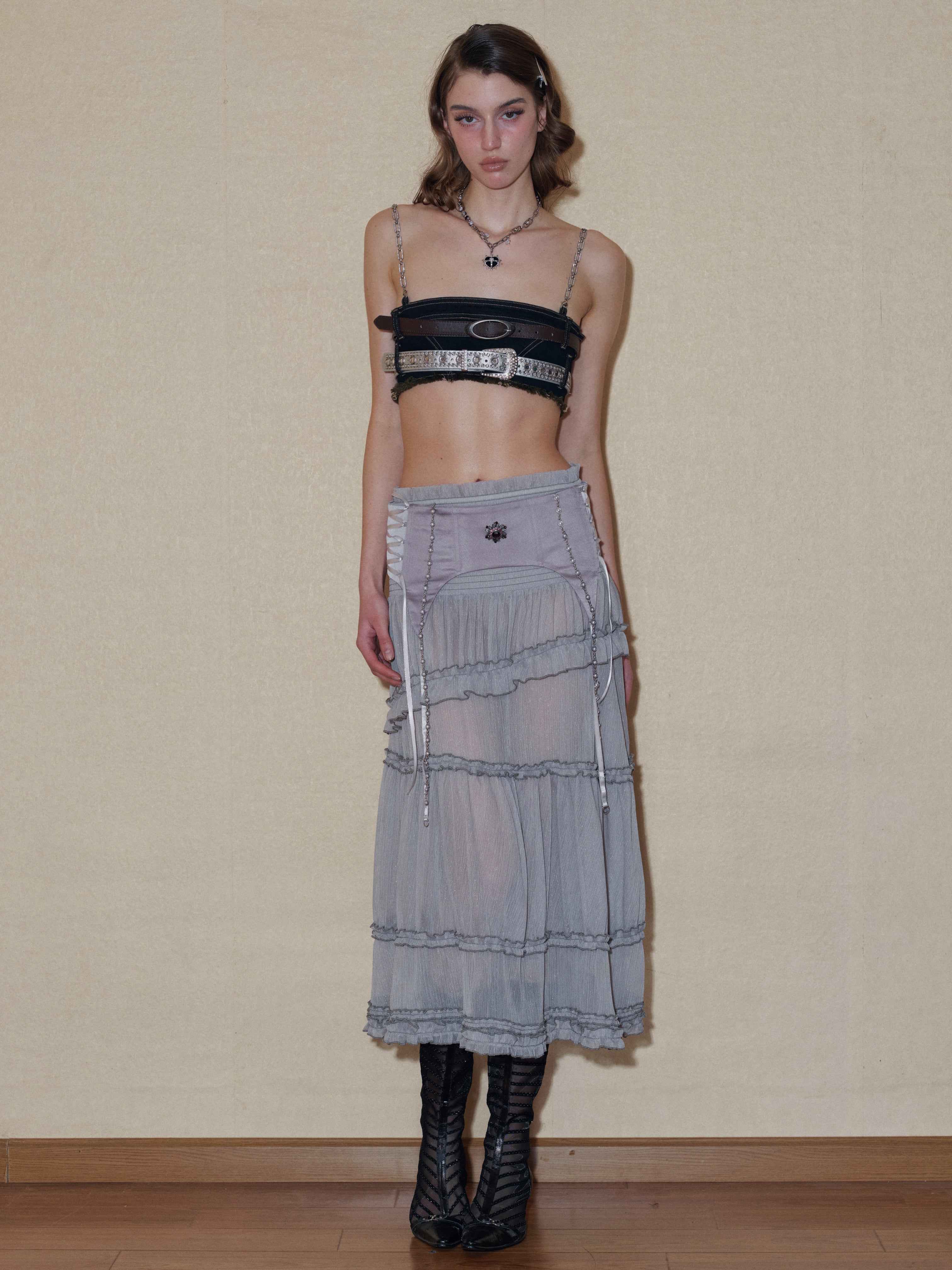 PROD 2024 Pre-spring Chained Embellished Denim Bra Top With Belts