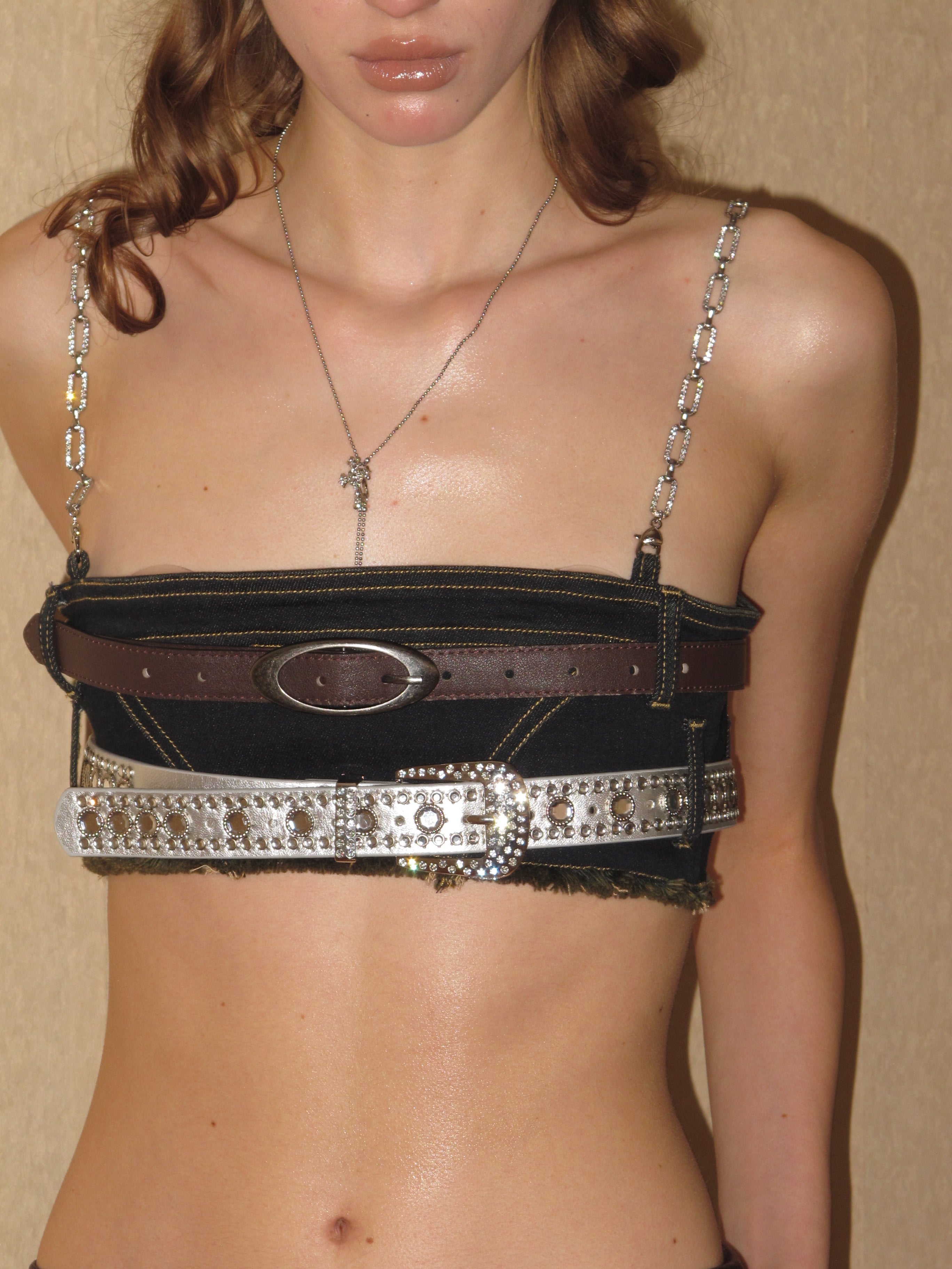 PROD 2024 Pre-spring Chained Embellished Denim Bra Top With Belts