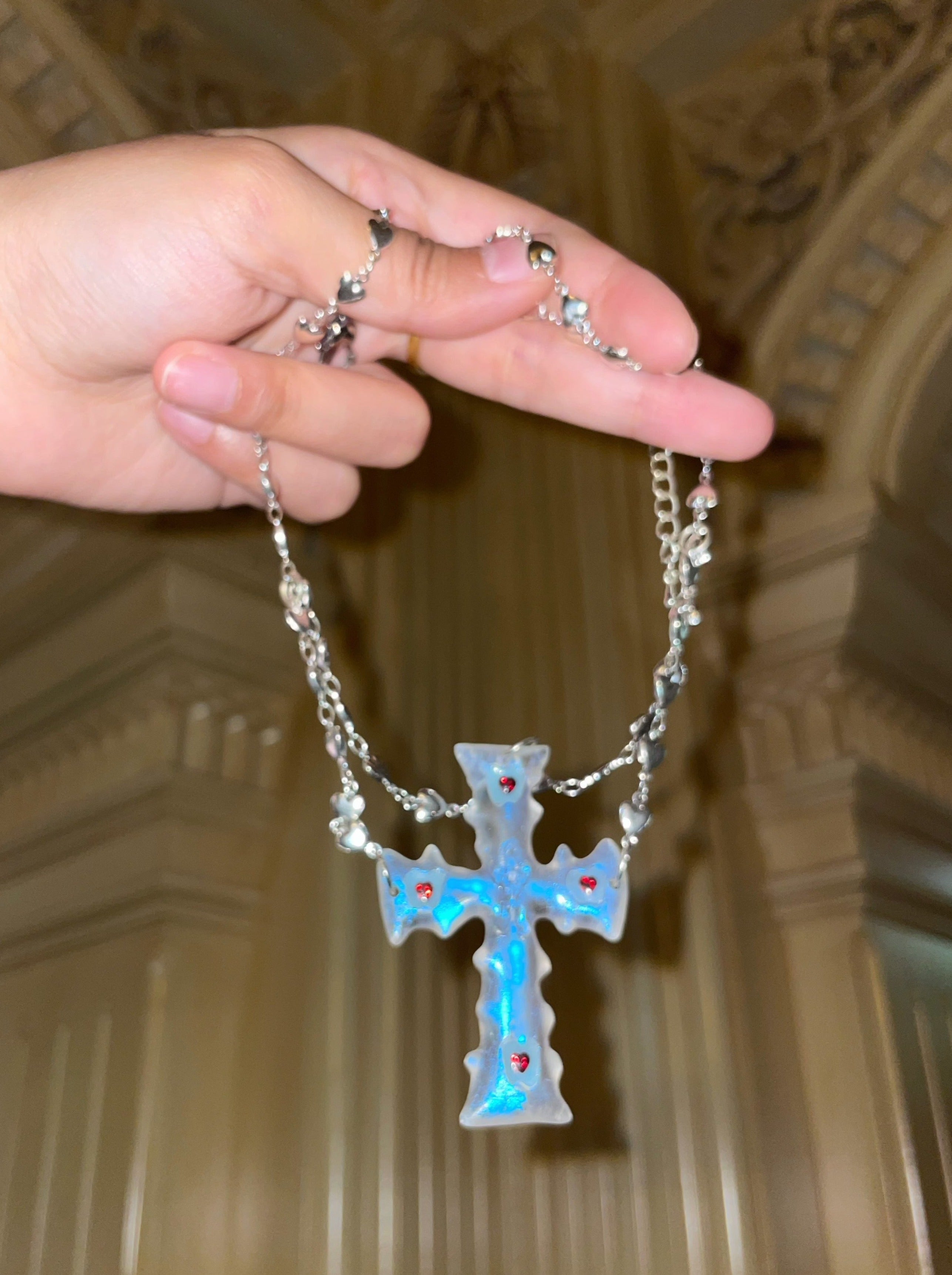 PROD 2024 Pre-spring Double chains / Blue / In-stock Transparent Cross Punk Necklace