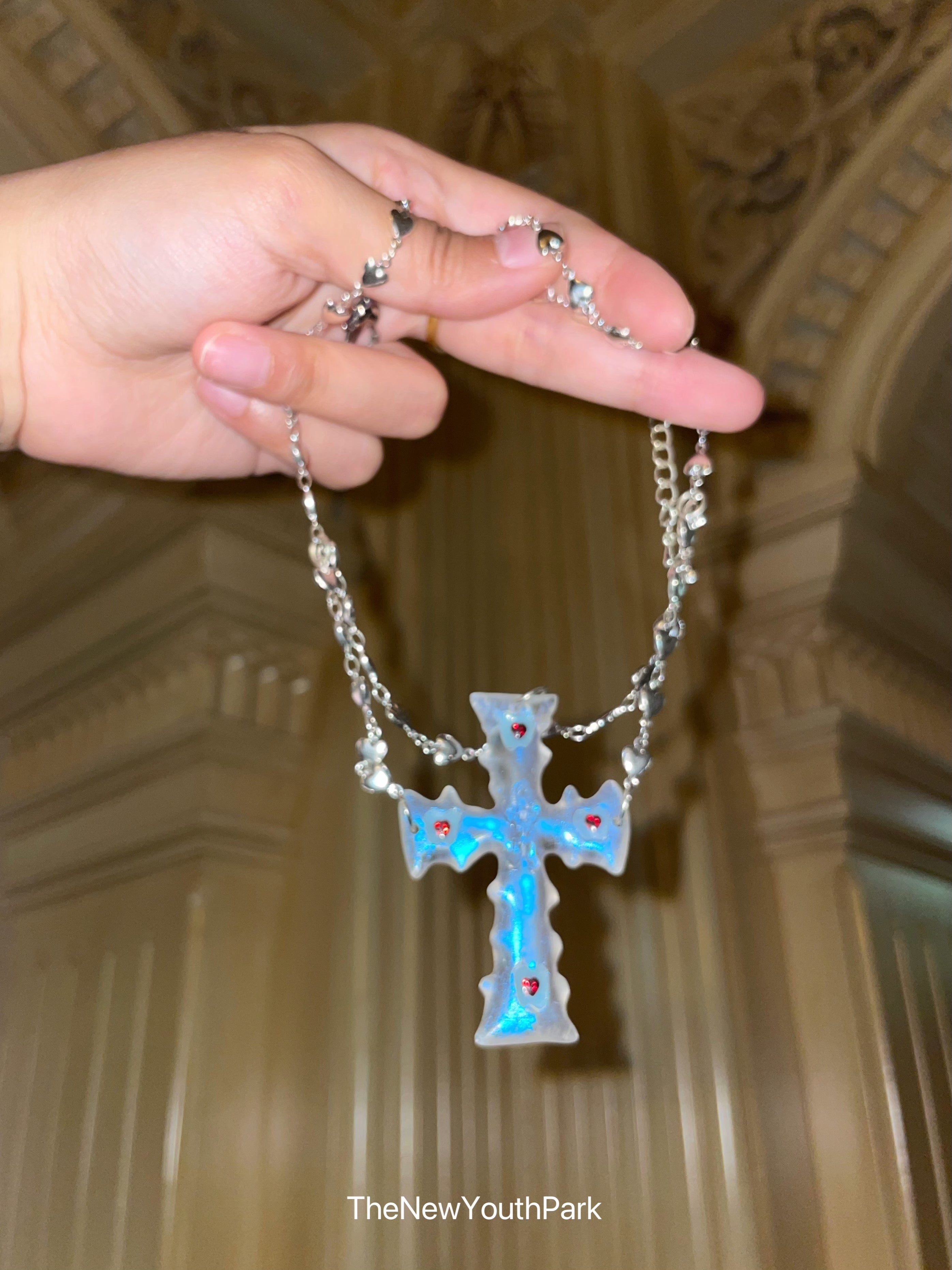 PROD 2024 Pre-spring Double chains / Blue / In-stock Transparent Cross Punk Necklace