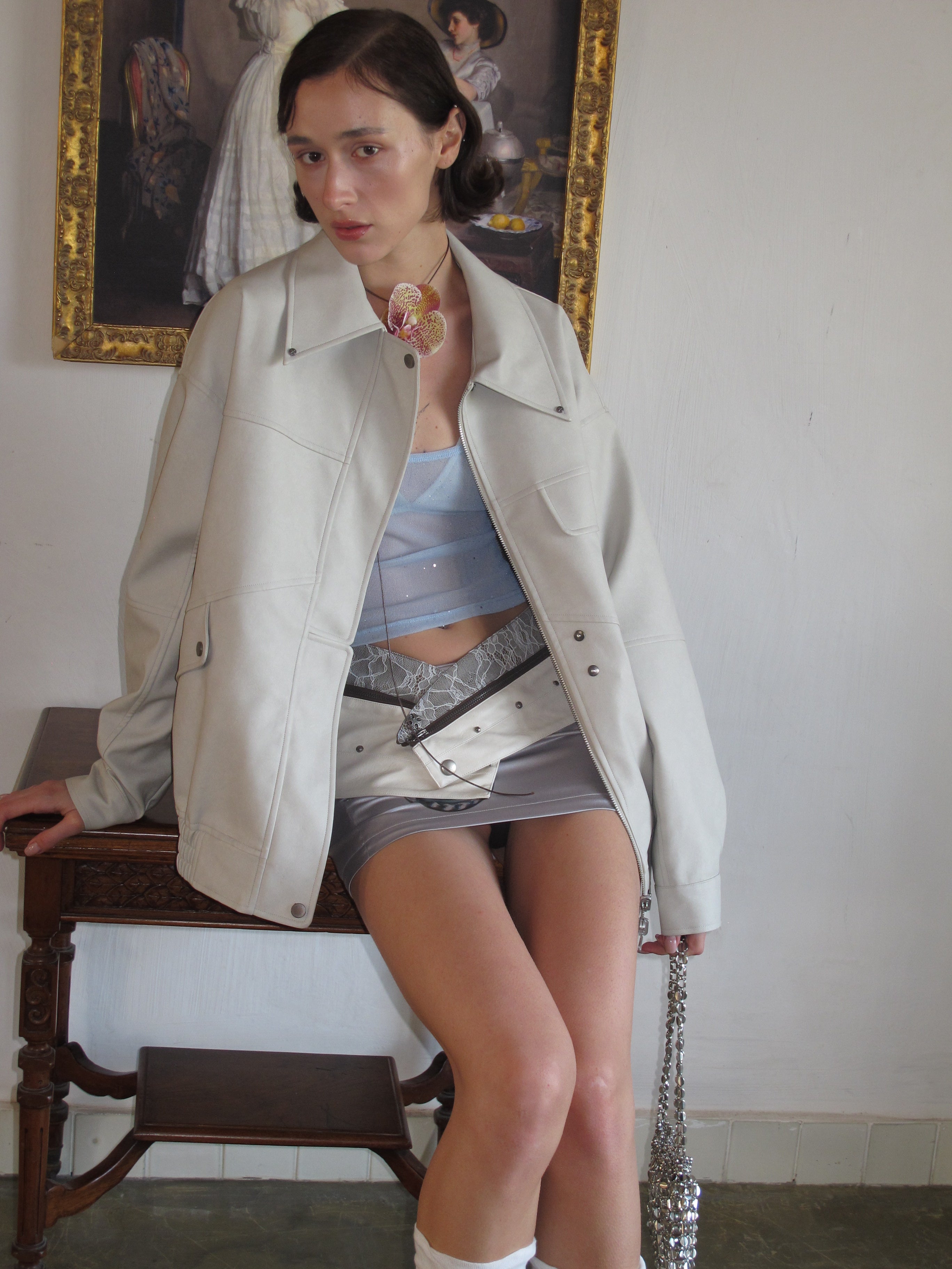 PROD 2024 Pre-spring Griege Lapel Pattern Faux Leather Jacket