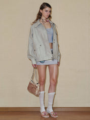 PROD 2024 Pre-spring Griege Lapel Pattern Faux Leather Jacket