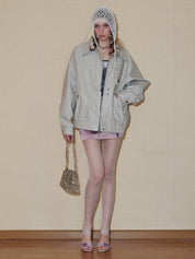 PROD 2024 Pre-spring Griege Lapel Pattern Faux Leather Jacket