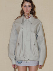 PROD 2024 Pre-spring Griege Lapel Pattern Faux Leather Jacket