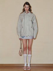 PROD 2024 Pre-spring Griege Lapel Pattern Faux Leather Jacket