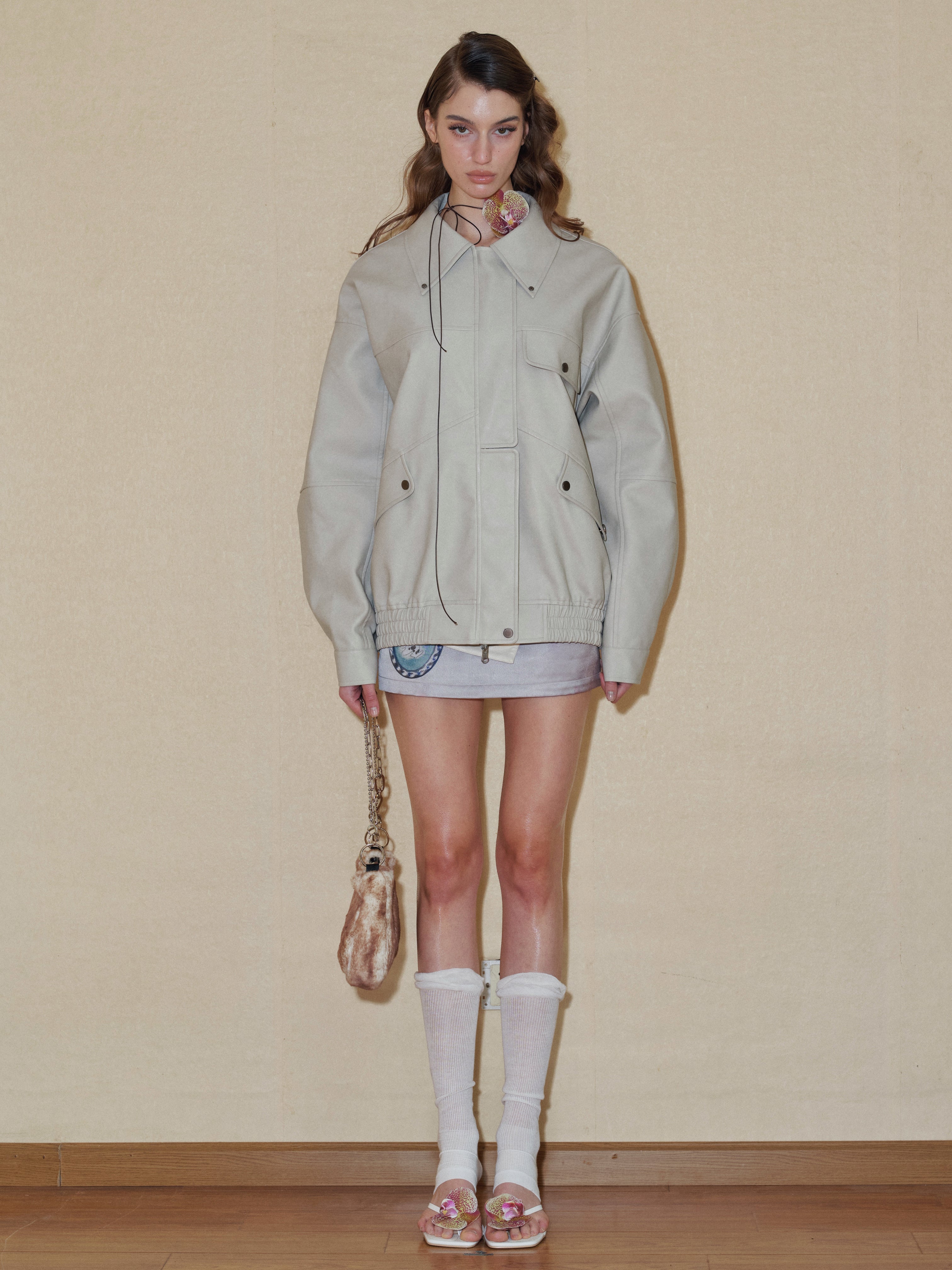 PROD 2024 Pre-spring Griege Lapel Pattern Faux Leather Jacket