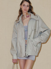 PROD 2024 Pre-spring Griege Lapel Pattern Faux Leather Jacket