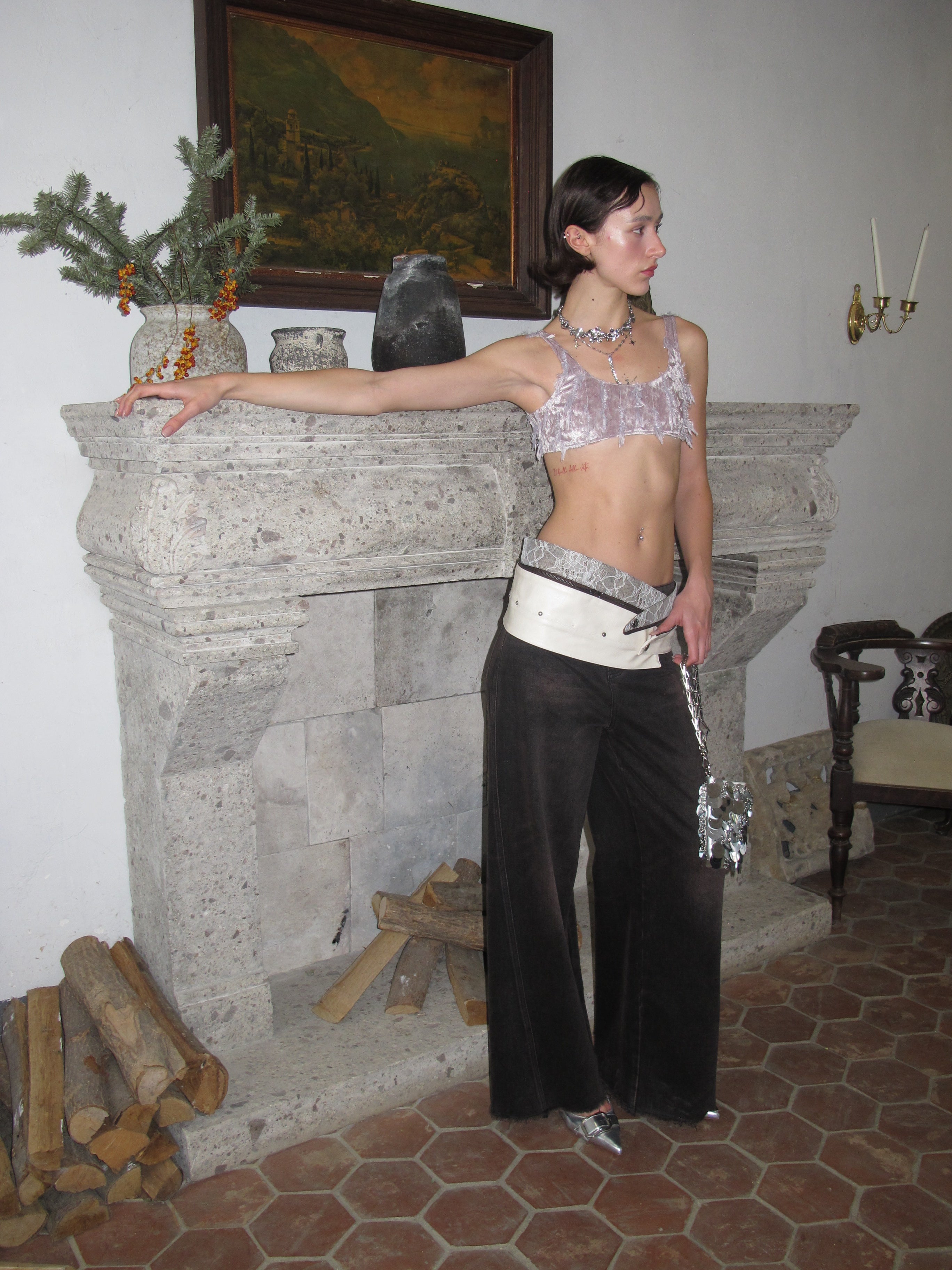 PROD 2024 Pre-spring Irregular Fringed purple Floral Crop Top