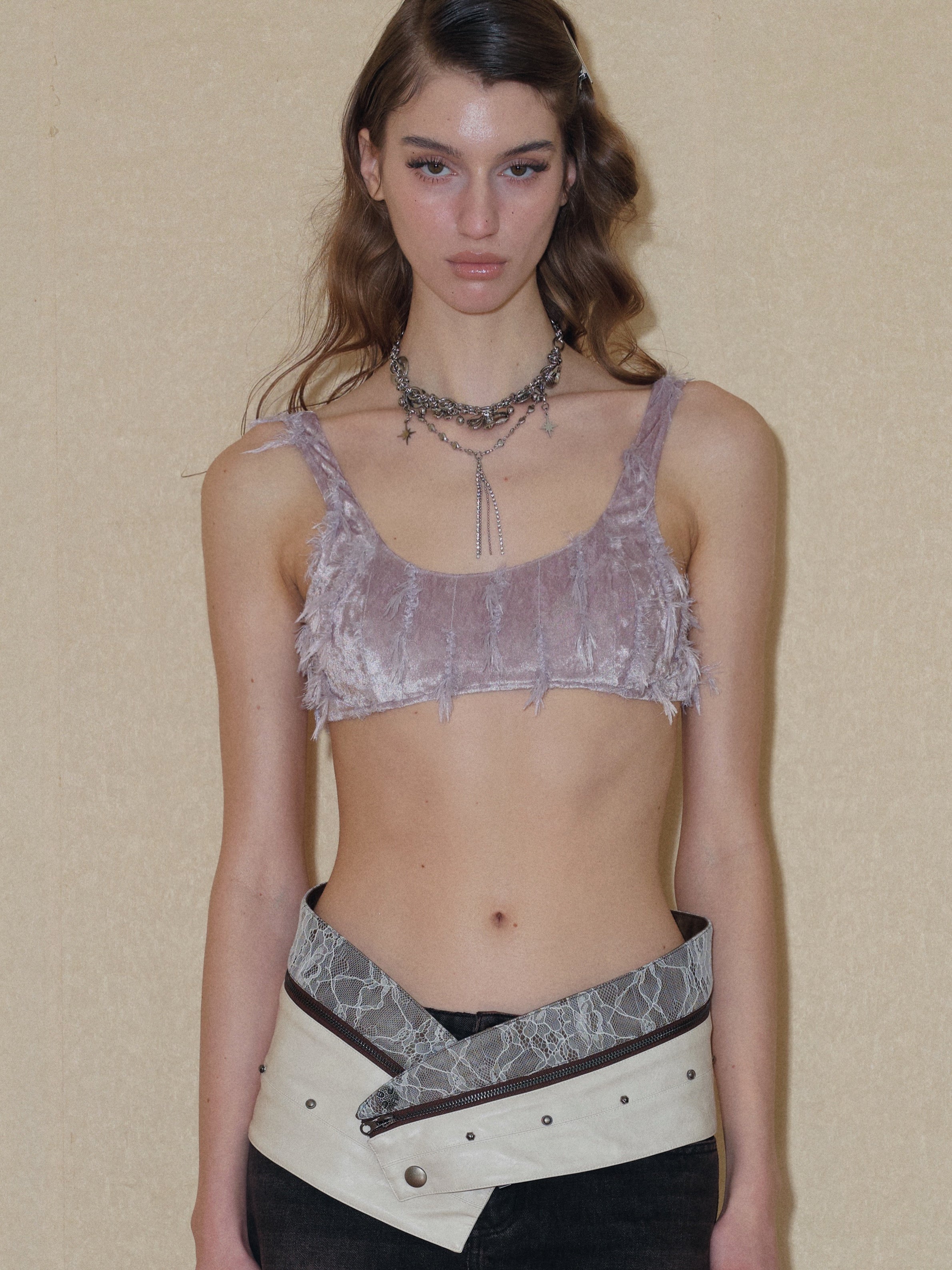 PROD 2024 Pre-spring Irregular Fringed purple Floral Crop Top