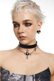PROD 2024 Pre-spring One Size / Black / In-stock Punk Black Heart Cross Faux Leather dainty Choker