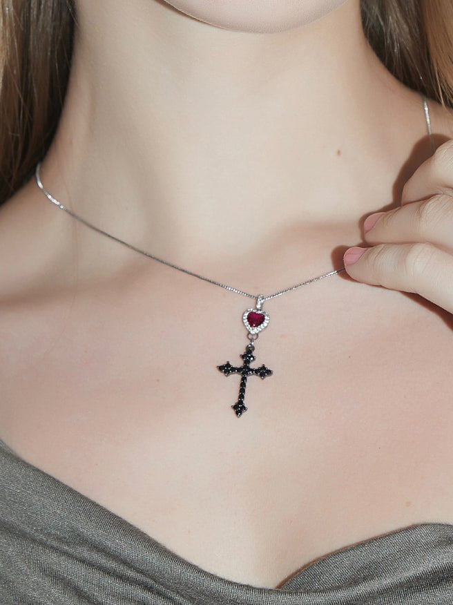 PROD 2024 Pre-spring One Size / Black / In-stock Punk Girl Heart Cross Necklace