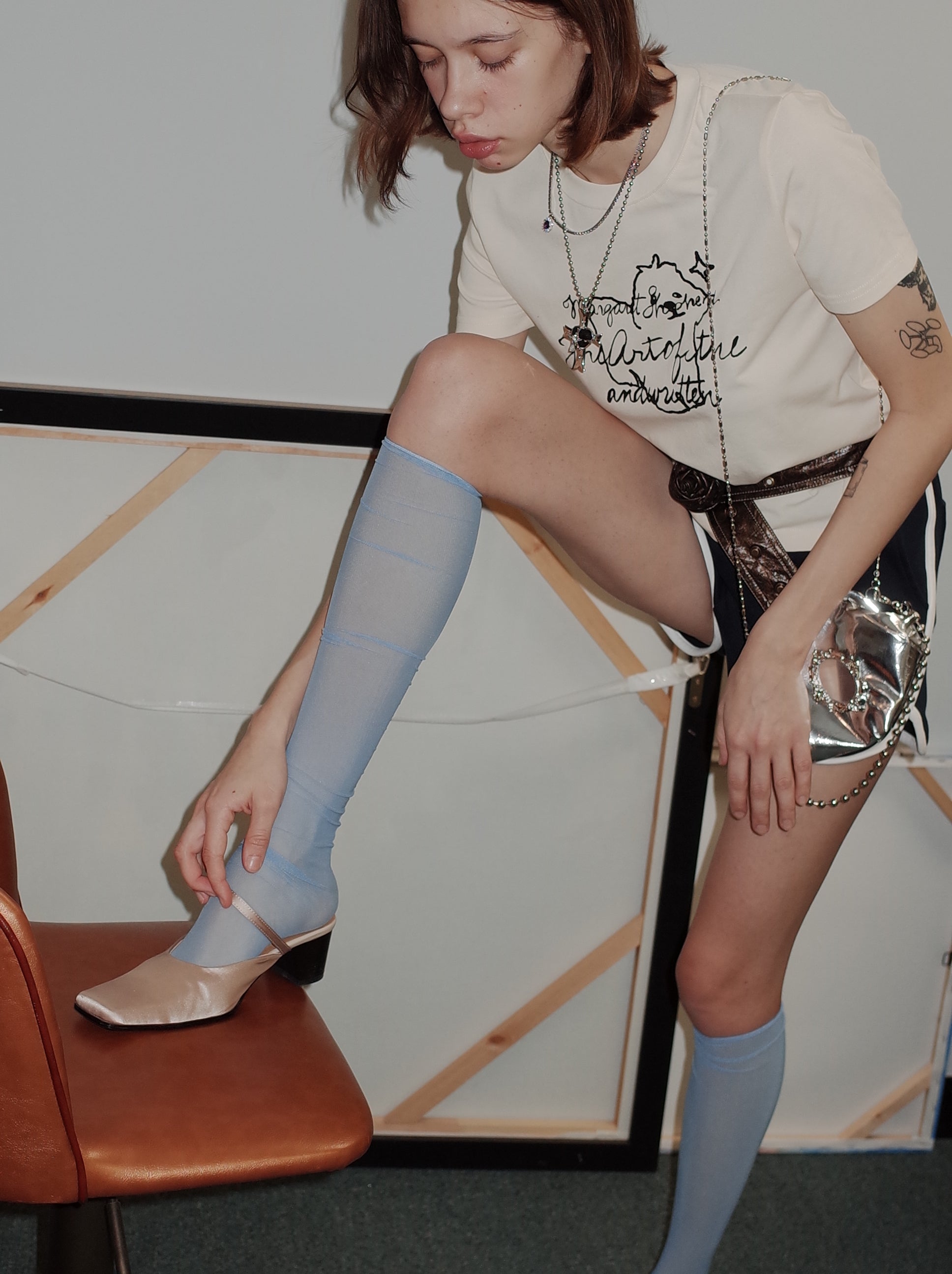 PROD 2024 Pre-spring One Size / Blue+White+Black / In-stock Knee-length Mesh Socks