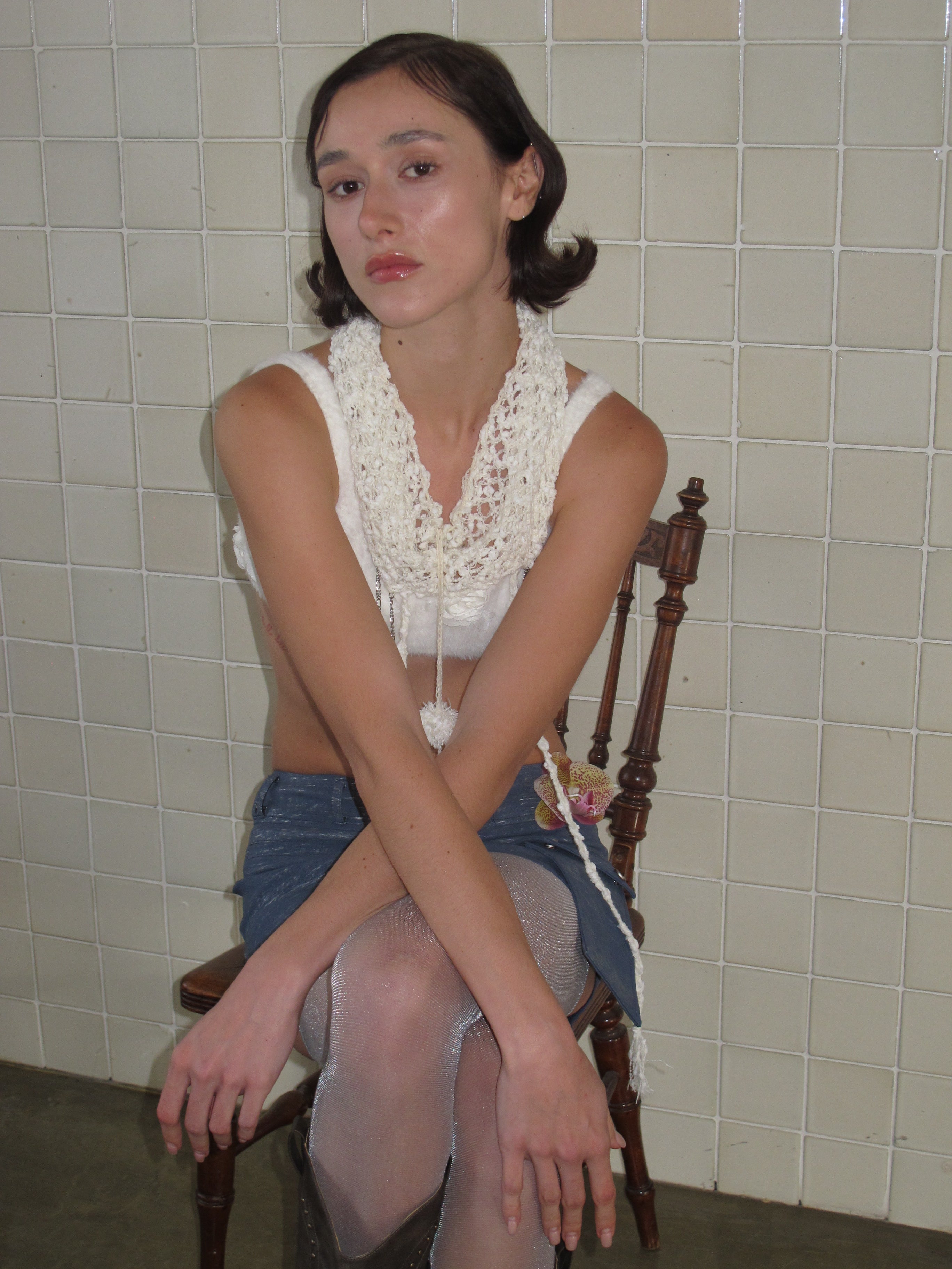 PROD 2024 Pre-spring One Size / cream / In-stock Hollow Knit Hat/Neck gaiter with Pendant