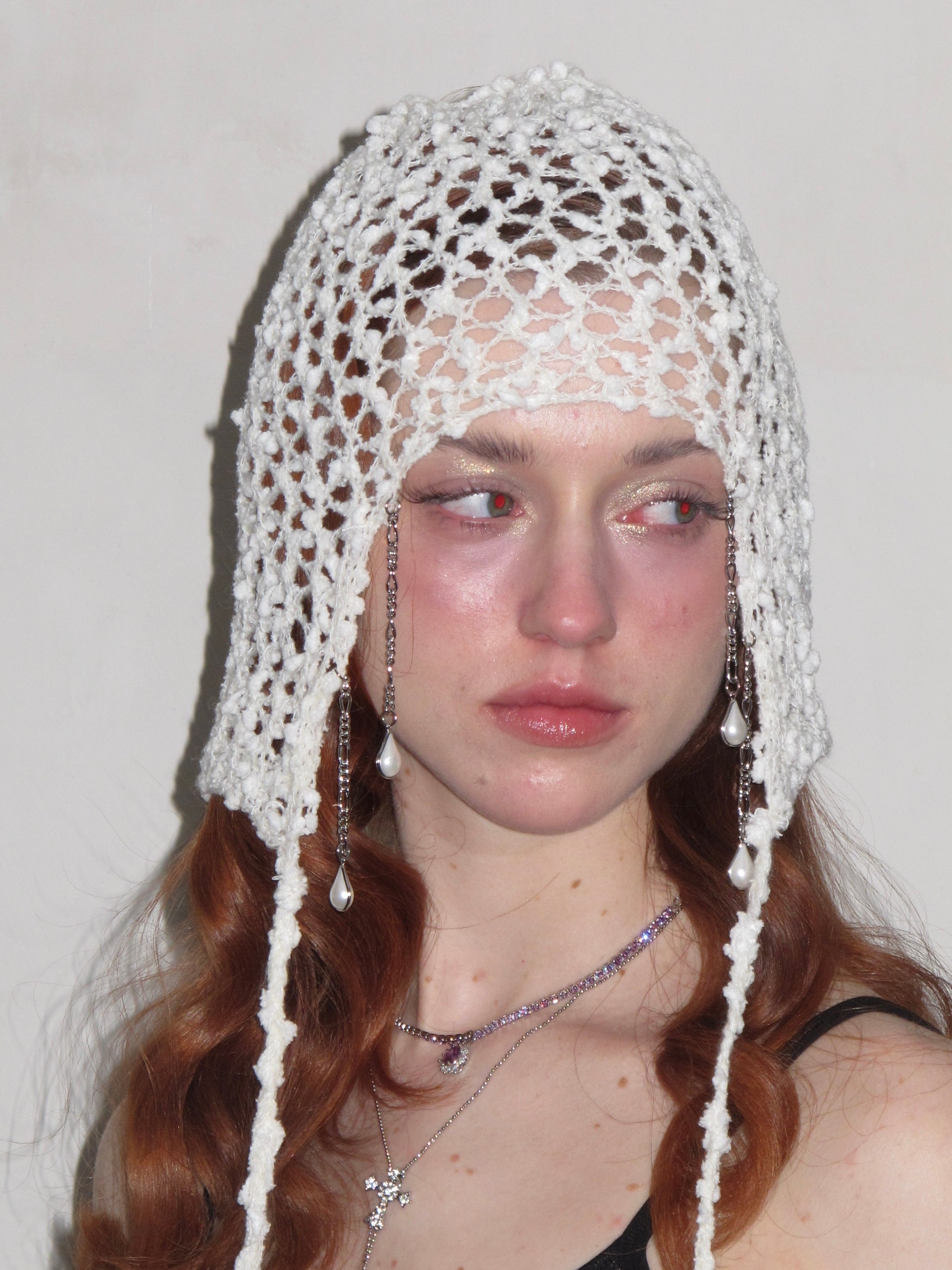 PROD 2024 Pre-spring One Size / cream / In-stock Hollow Knit Hat/Neck gaiter with Pendant