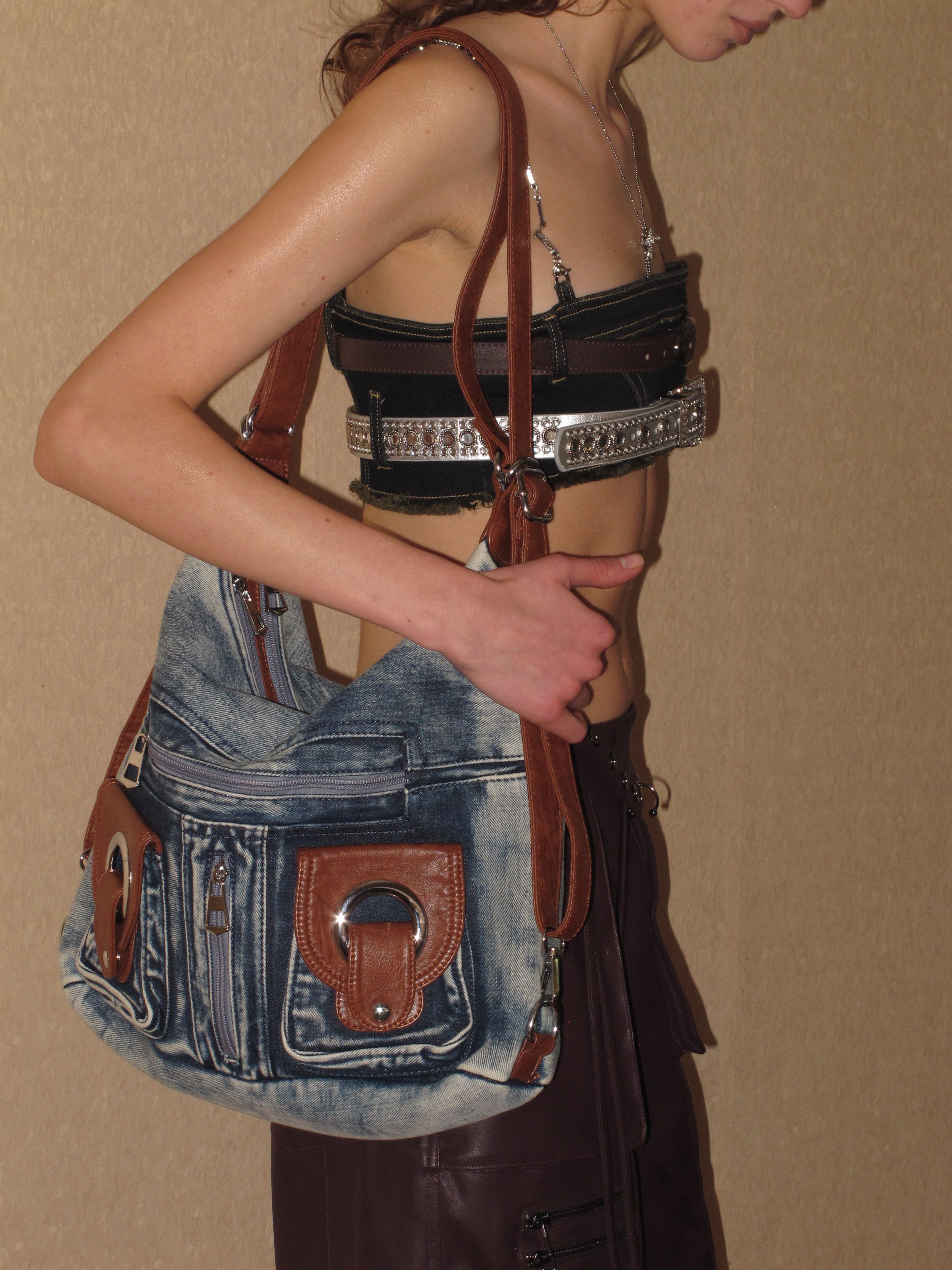 PROD 2024 Pre-spring One Size / Denim / In-stock Vintage Style Premium Wash Denim Shoulder Bag