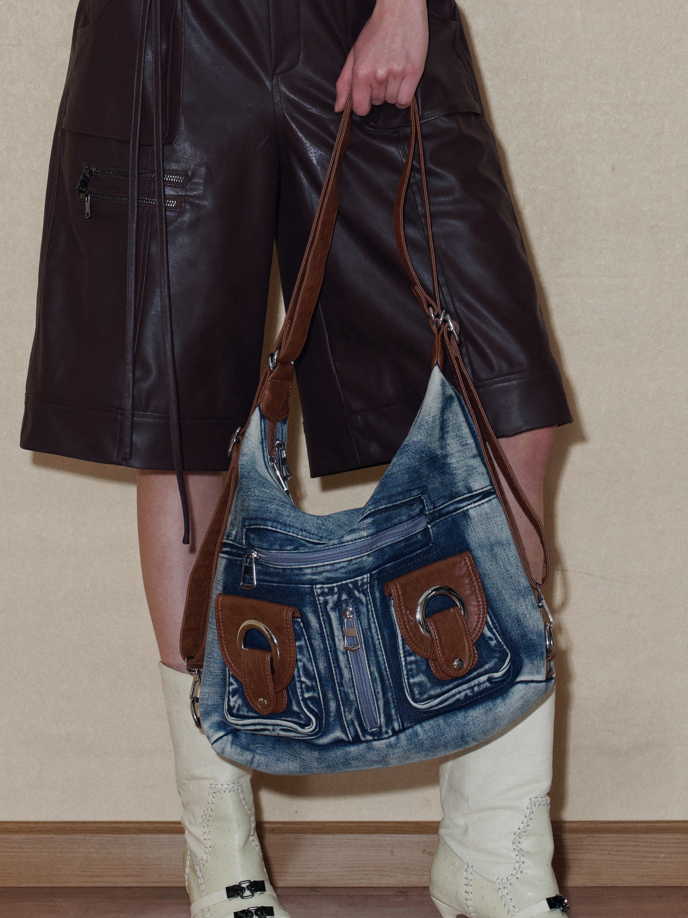 PROD 2024 Pre-spring One Size / Denim / In-stock Vintage Style Premium Wash Denim Shoulder Bag