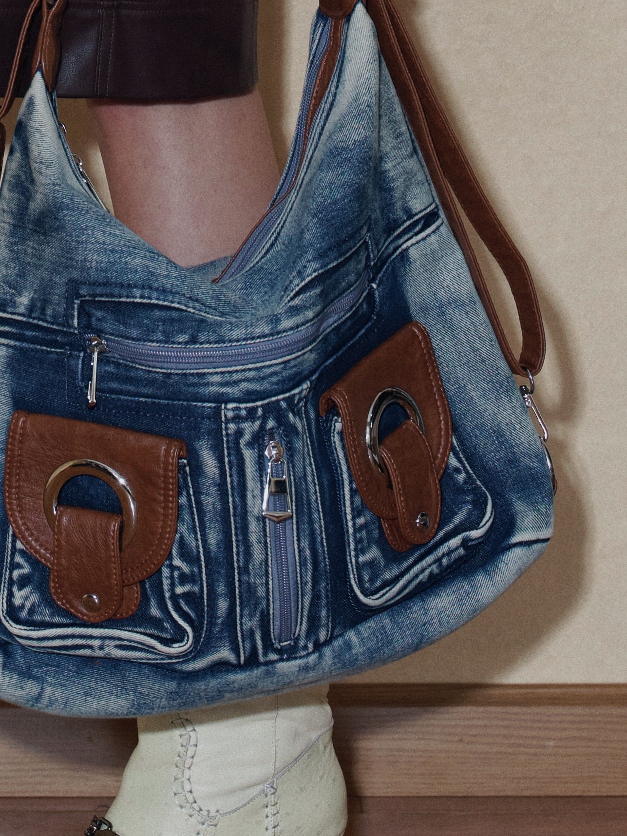 PROD 2024 Pre-spring One Size / Denim / In-stock Vintage Style Premium Wash Denim Shoulder Bag