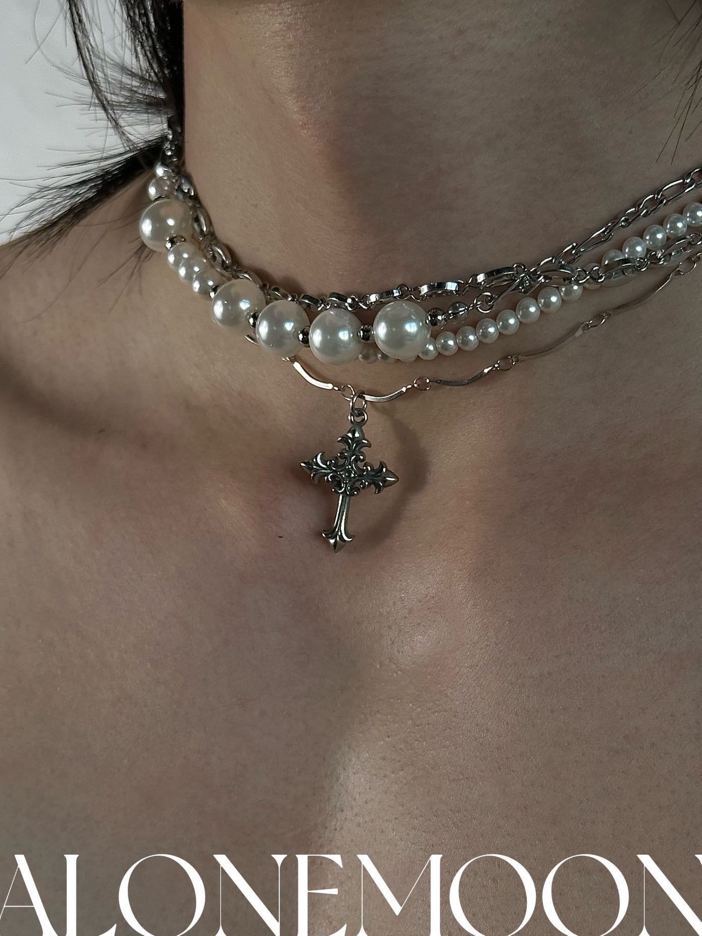 PROD 2024 Pre-spring One Size / Silver / Pre-order（3-5days） Multilayered Cross Pearl Necklace