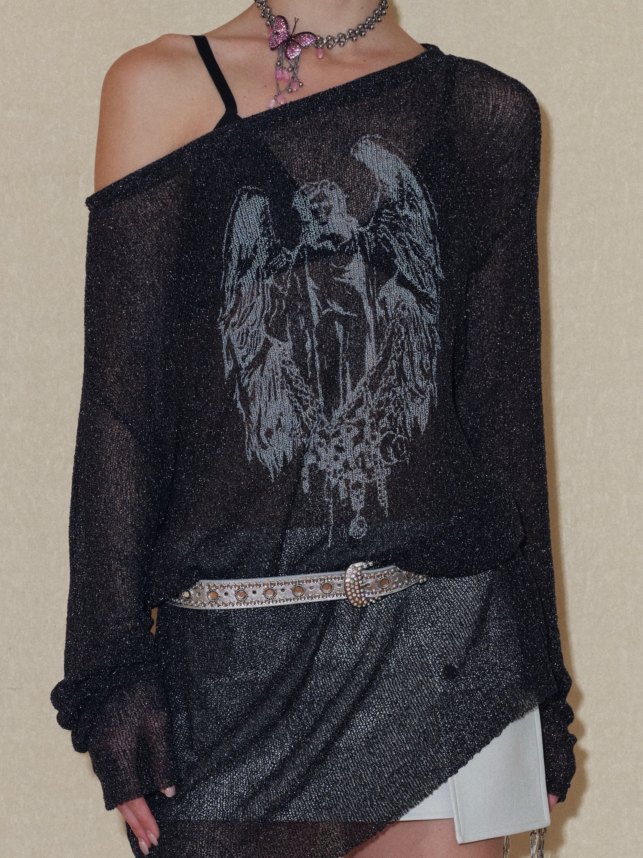PROD 2024 Pre-spring One Size（XS-L） / Black / In-stock Semi-Sheer Angel Long sleeve