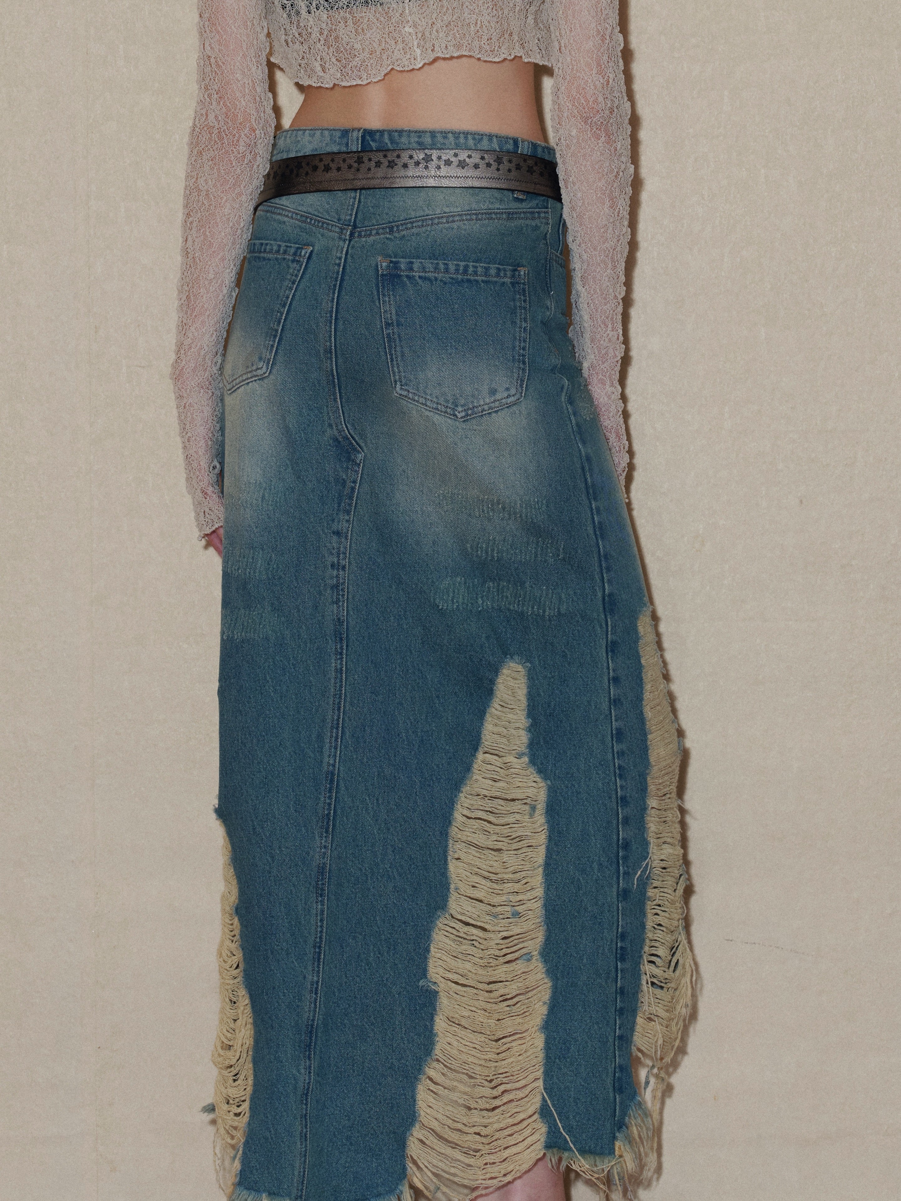 PROD 2024 Pre-spring Ripped Denim Midi Skirt