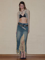 PROD 2024 Pre-spring Ripped Denim Midi Skirt