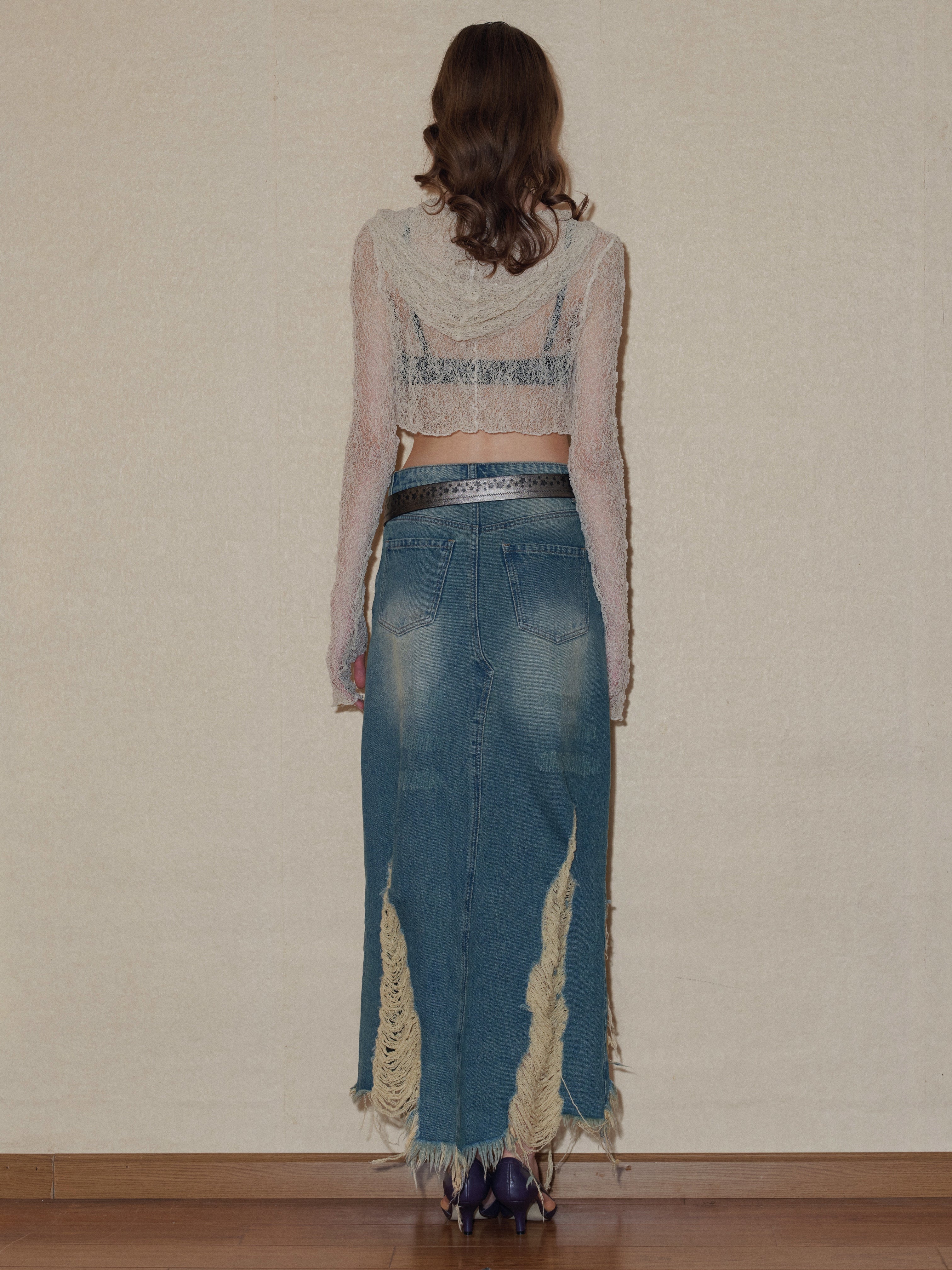 PROD 2024 Pre-spring Ripped Denim Midi Skirt