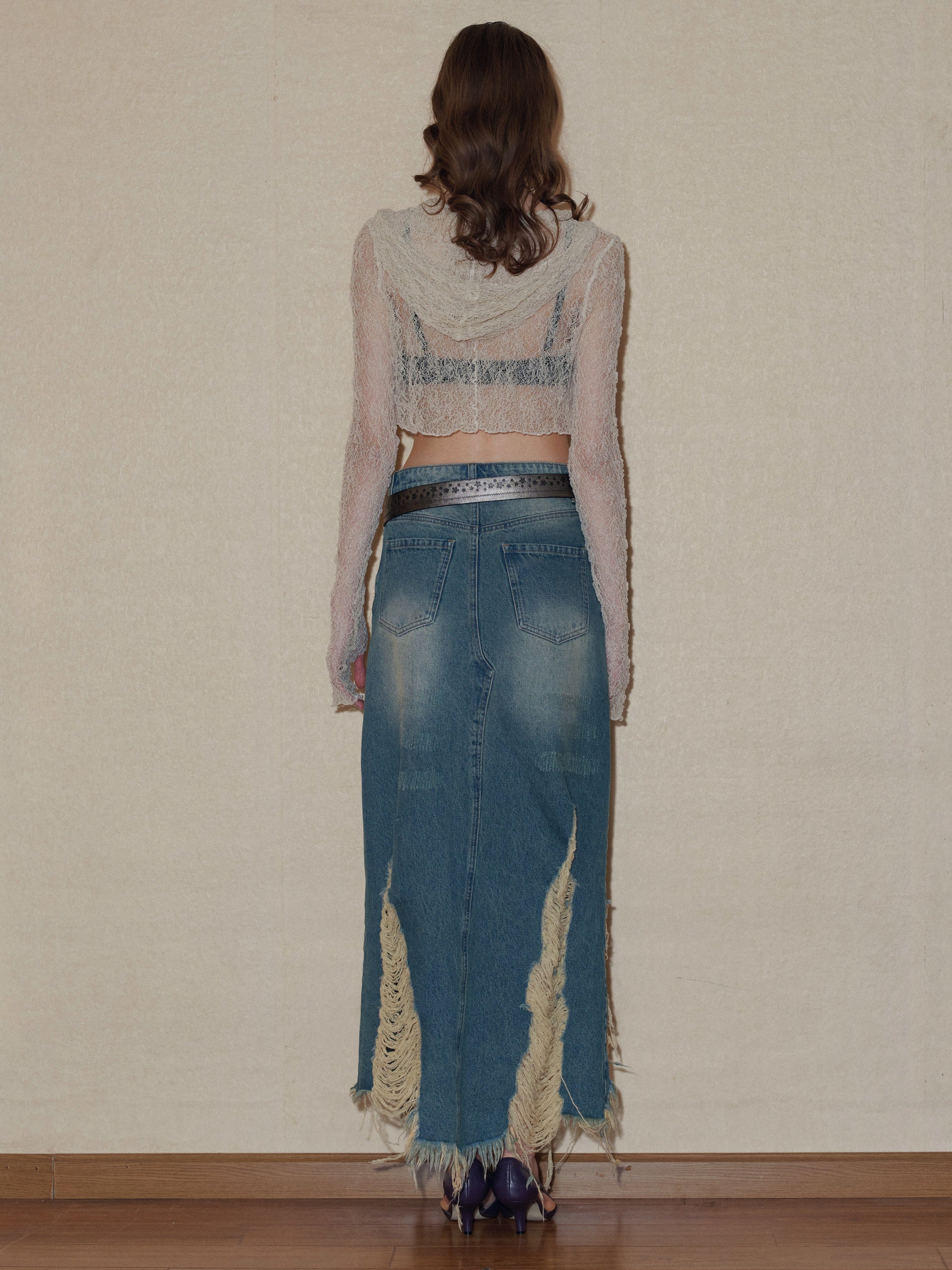 Midi Skirt Long Denim Ripped Skirt DTT Ripped Raw Hem Denim Maxi