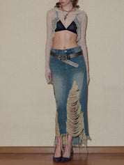 PROD 2024 Pre-spring Ripped Denim Midi Skirt