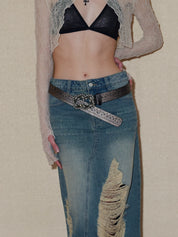 PROD 2024 Pre-spring Ripped Denim Midi Skirt