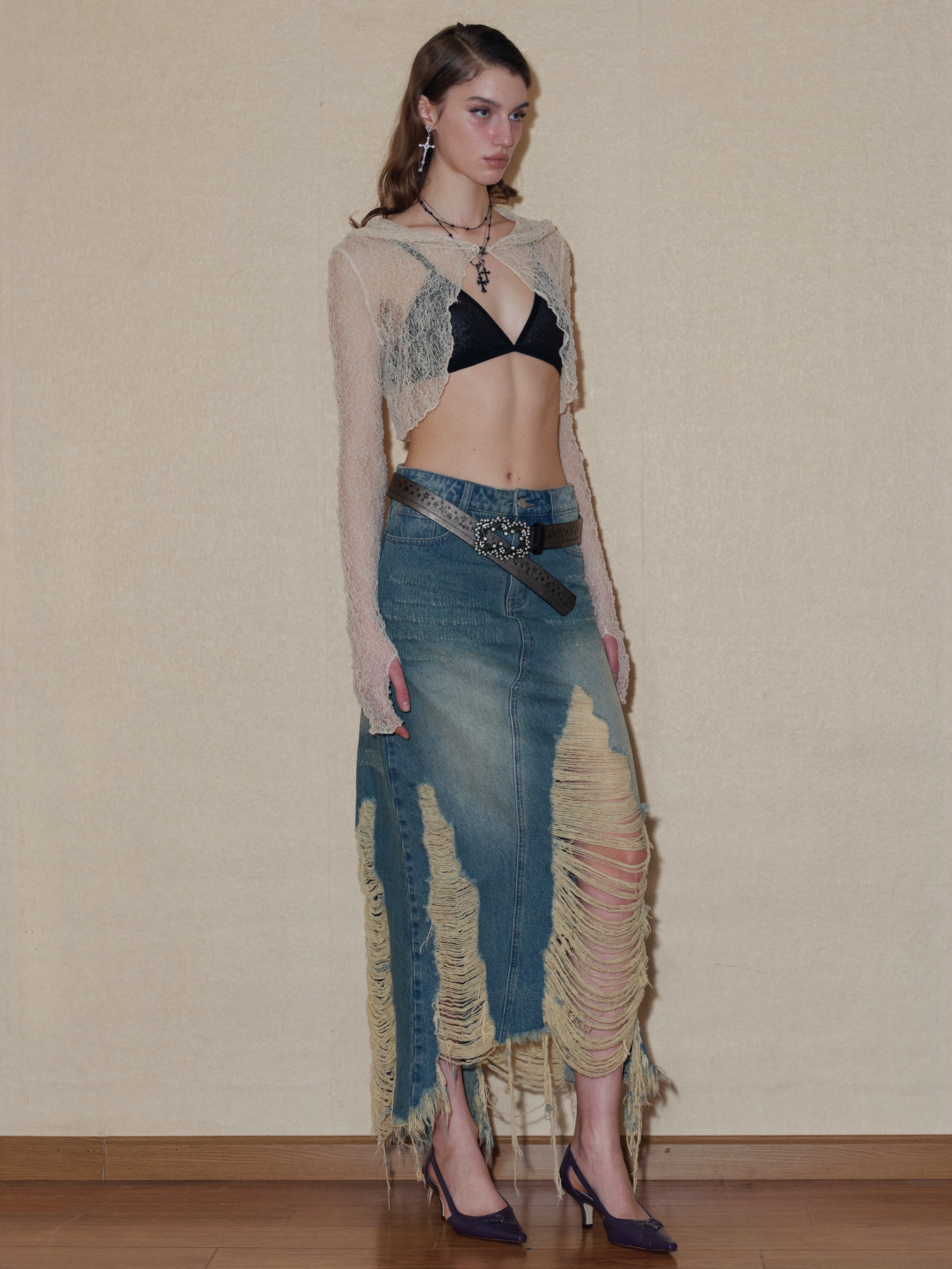 PROD 2024 Pre-spring Ripped Denim Midi Skirt