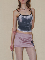 PROD 2024 Pre-spring Satin Kitty Pattern Mini Skirt