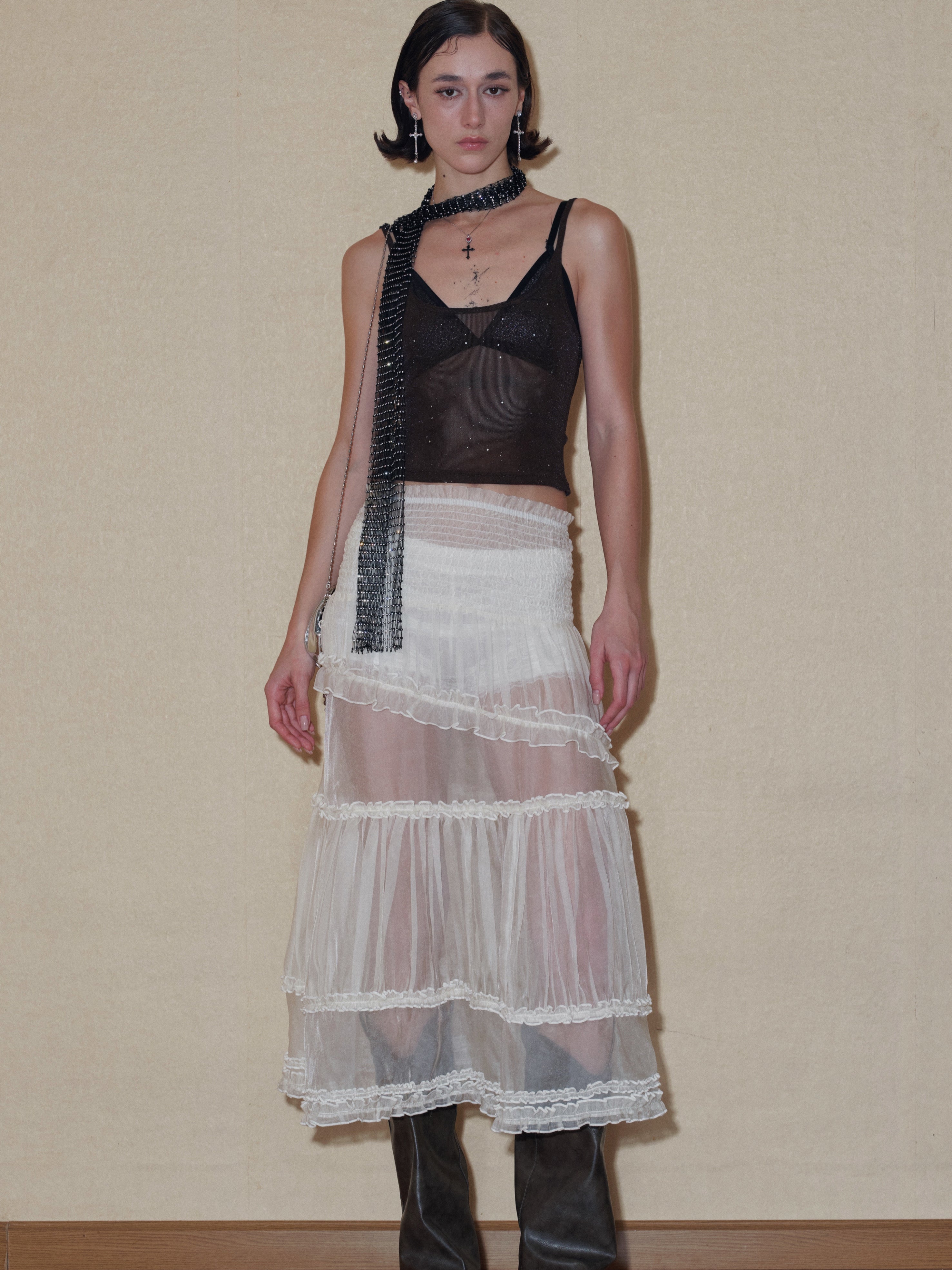 PROD 2024 Pre-spring Semi-sheer Tiered Skirt（With Lace Shorts）