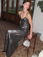 PROD 2024 Pre-spring Silver Metallic V-Neck Backless Dress