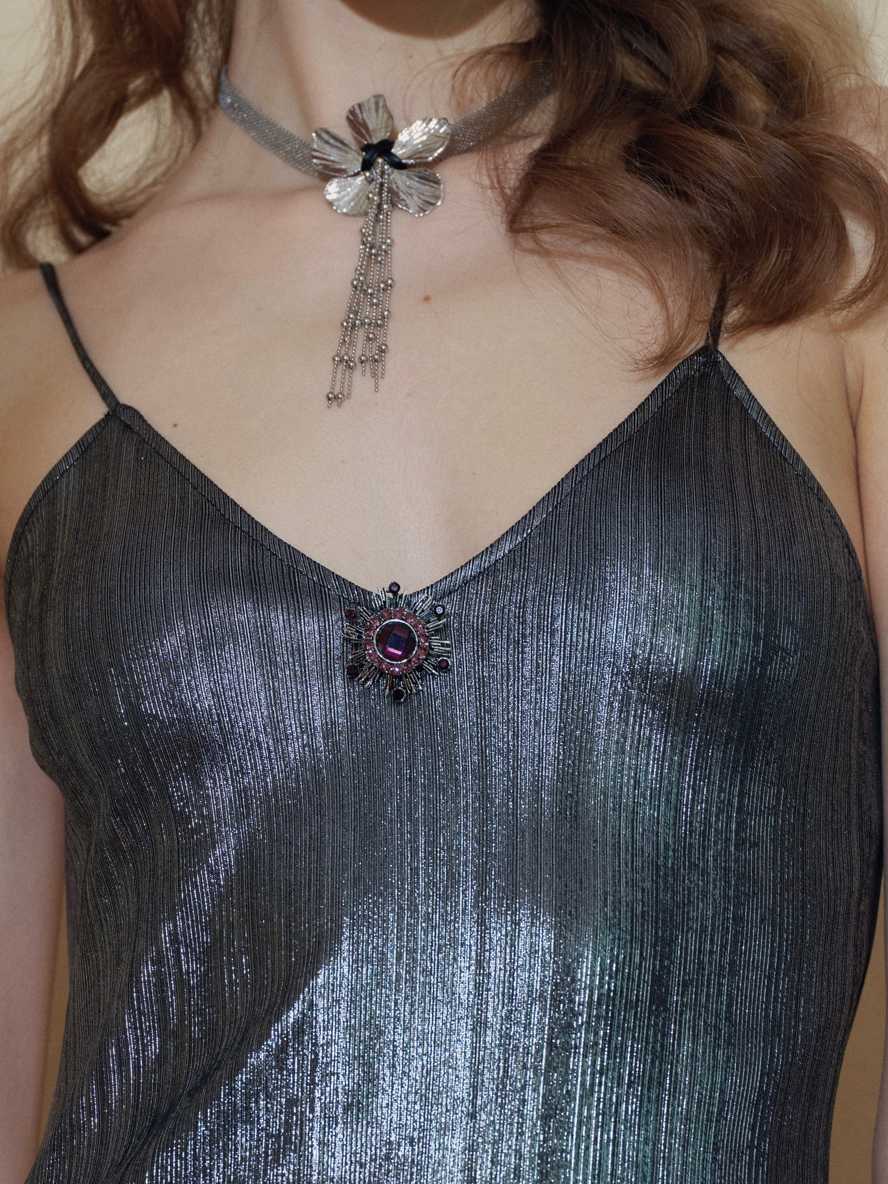 PROD 2024 Pre-spring Silver Metallic V-Neck Backless Dress