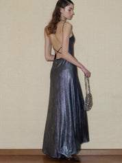 PROD 2024 Pre-spring Silver Metallic V-Neck Backless Dress